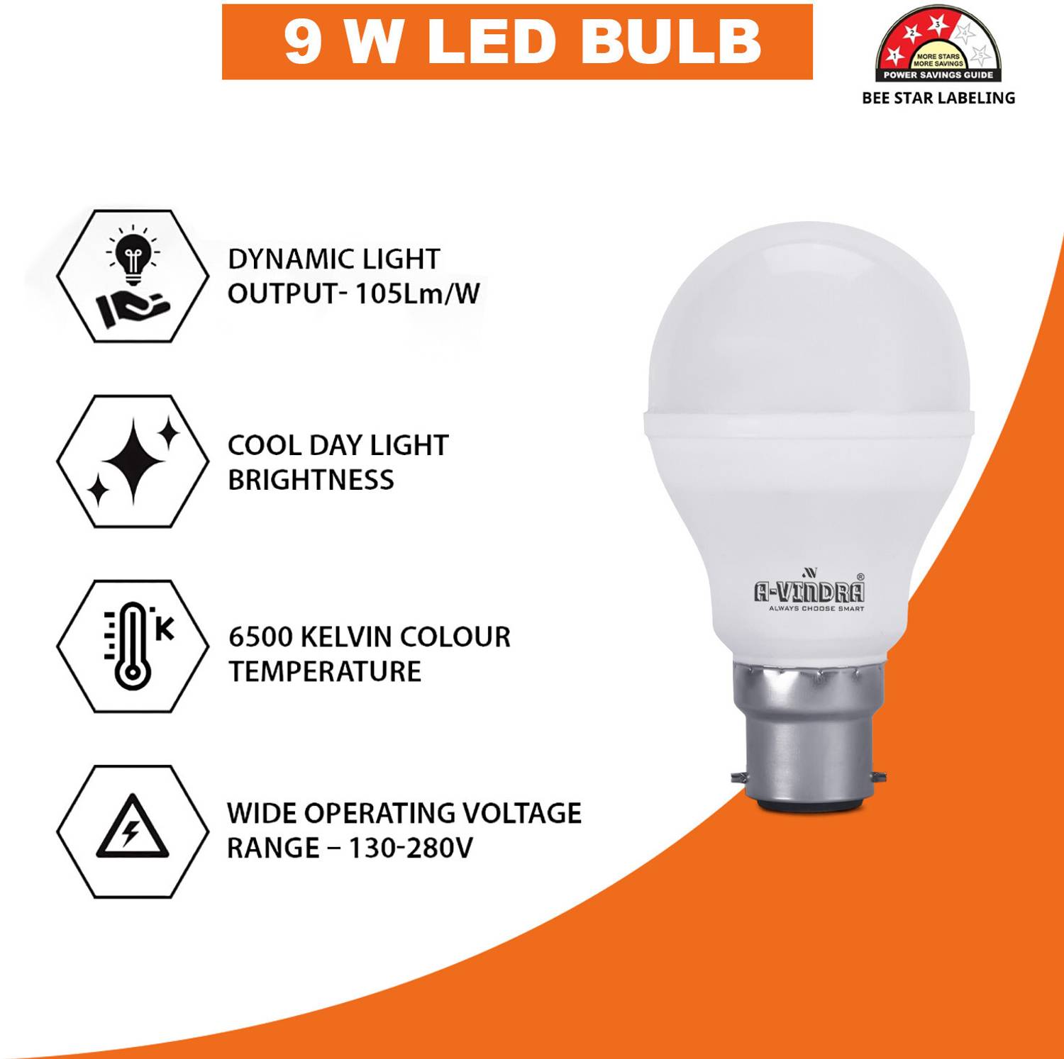 AVINDRA 9 W Eye Safety Compliance Round B22 LED Bulb