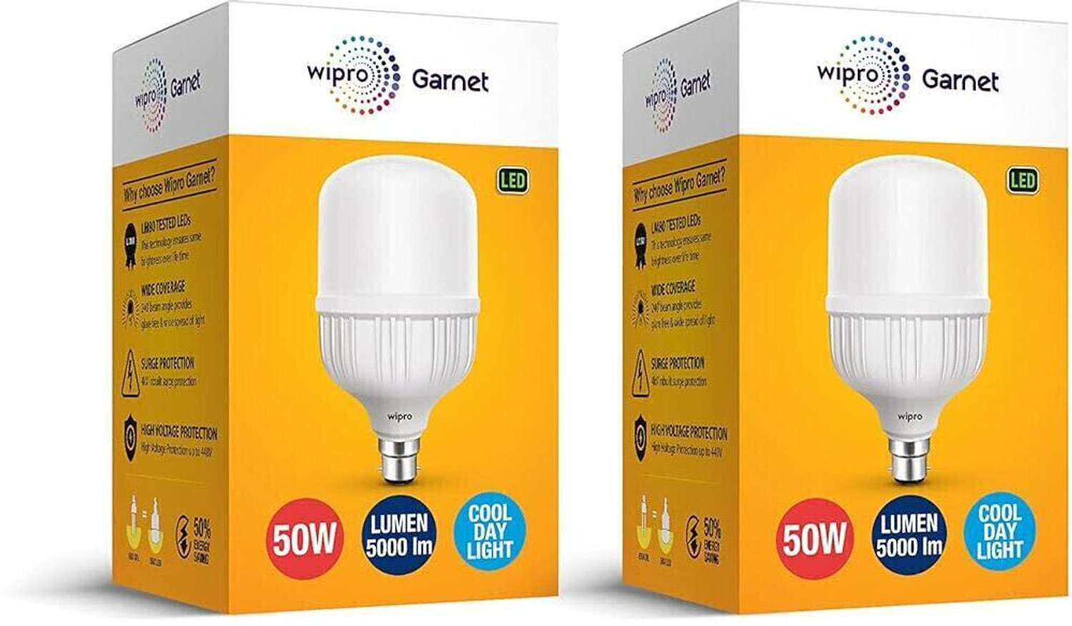 Image of Wipro 50 W Basic Standard B22 LED Bulb (White, Pack of 2)