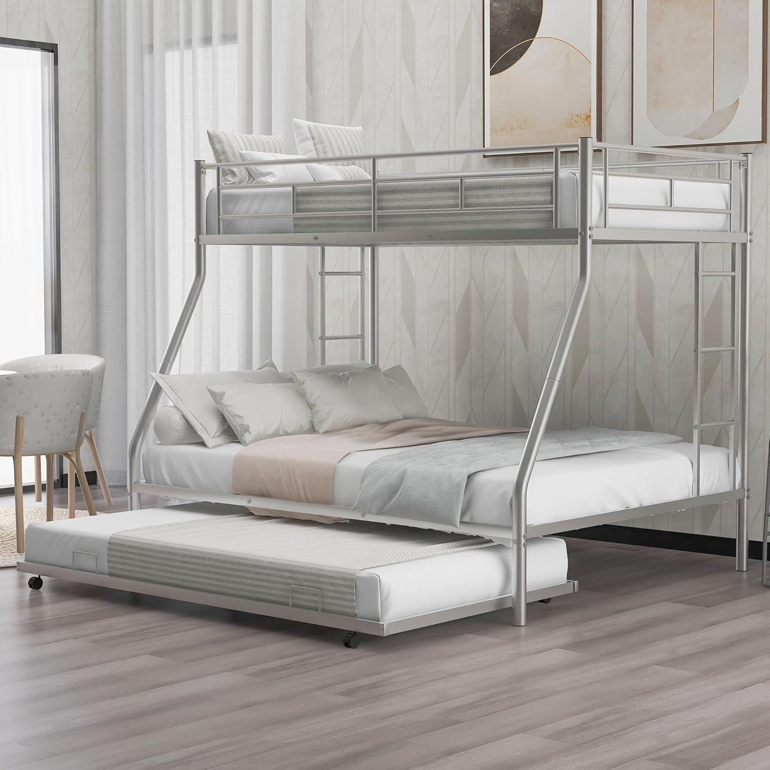 Image of A R Creation Shop Twin Over Full Metal Bunk Bed Heavy Duty Bed Frame with Safety Guard Rail,Ladder Metal Bunk Bed