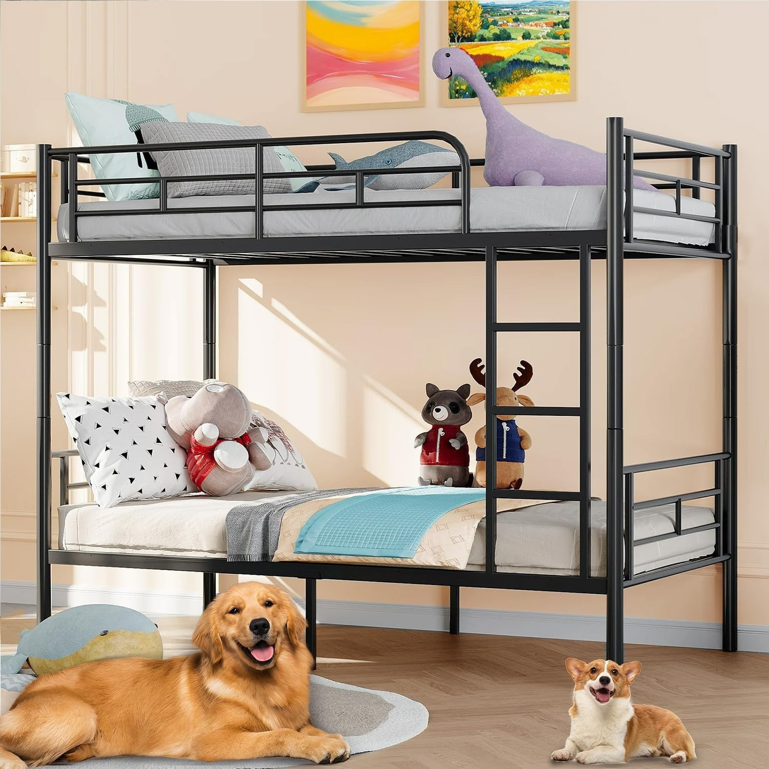 Image of IRONIC HOUSE Twin Over Full Metal Bunk Bed Heavy Duty Bed Frame with Safety Guard Rail,Ladder Metal Bunk Bed (Finish Color - BLACK, DIY(Do-It-Yourself))