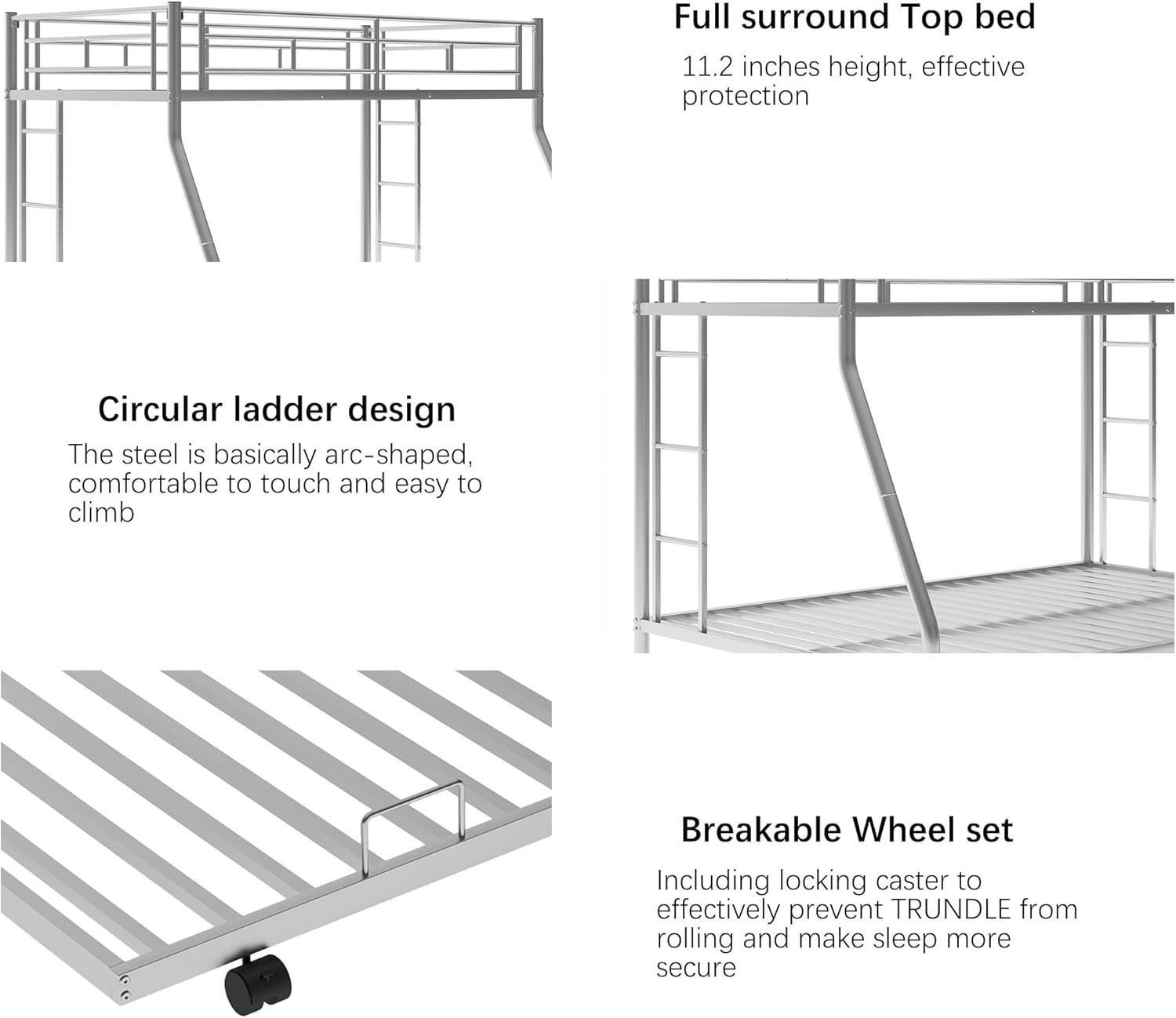Image of A R Creation Shop Twin Over Full Metal Bunk Bed Heavy Duty Bed Frame with Safety Guard Rail,Ladder Metal Bunk Bed