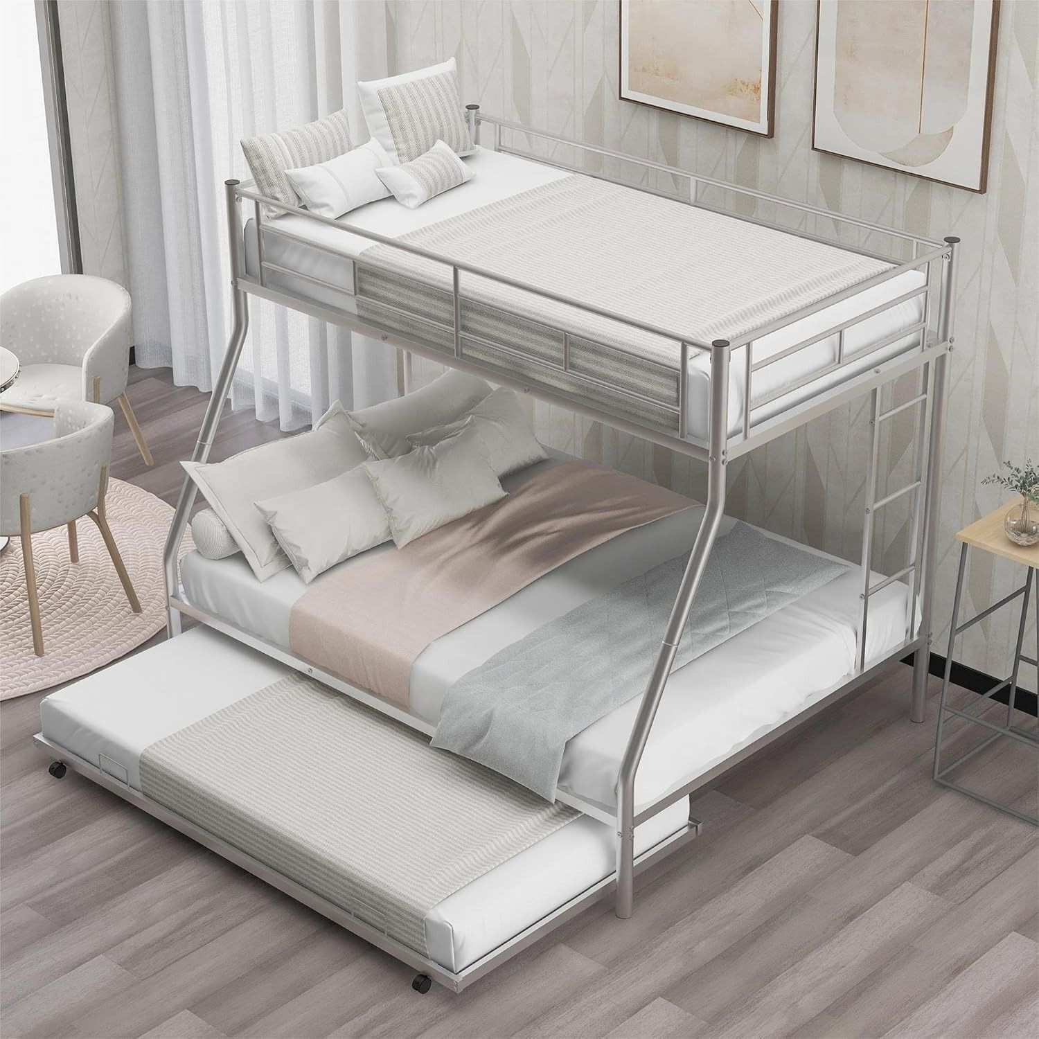 Image of A R Creation Shop Twin Over Full Metal Bunk Bed Heavy Duty Bed Frame with Safety Guard Rail,Ladder Metal Bunk Bed