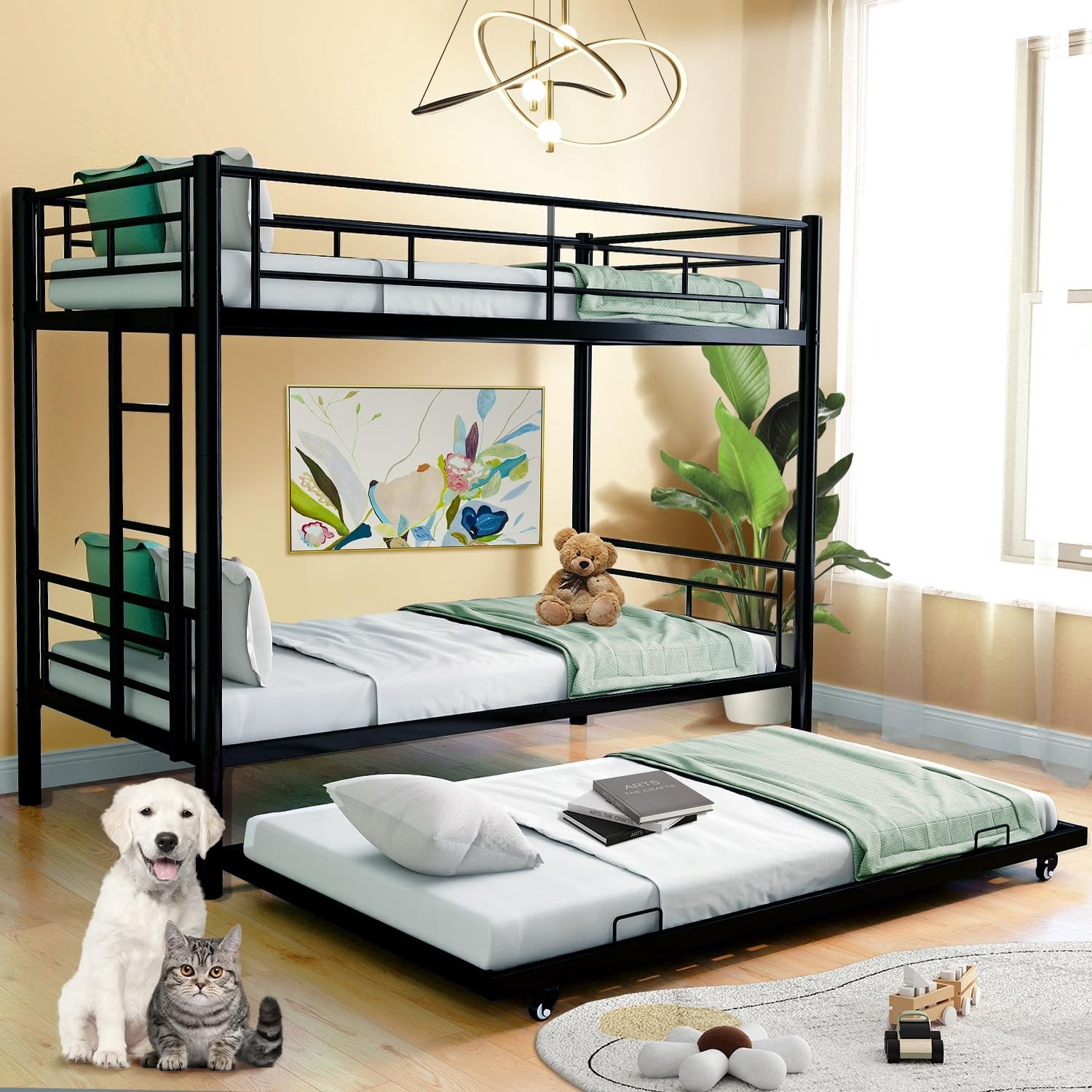 Image of ADORN MART Metal Bunk Bed with Trundle Twin Over Bunk Bed Heavy Duty Metal Bunk Bed