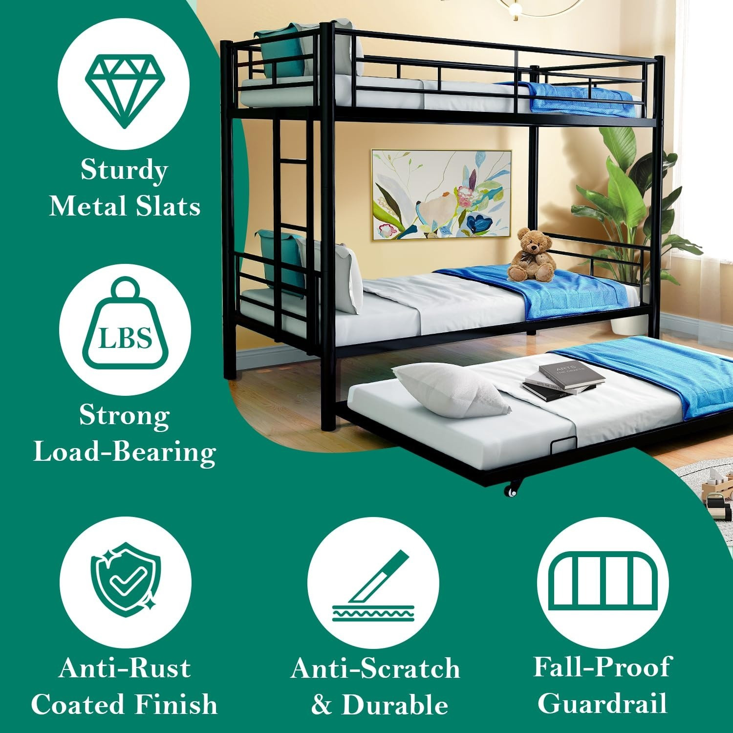 Image of ADORN MART Metal Bunk Bed with Trundle Twin Over Bunk Bed Heavy Duty Metal Bunk Bed