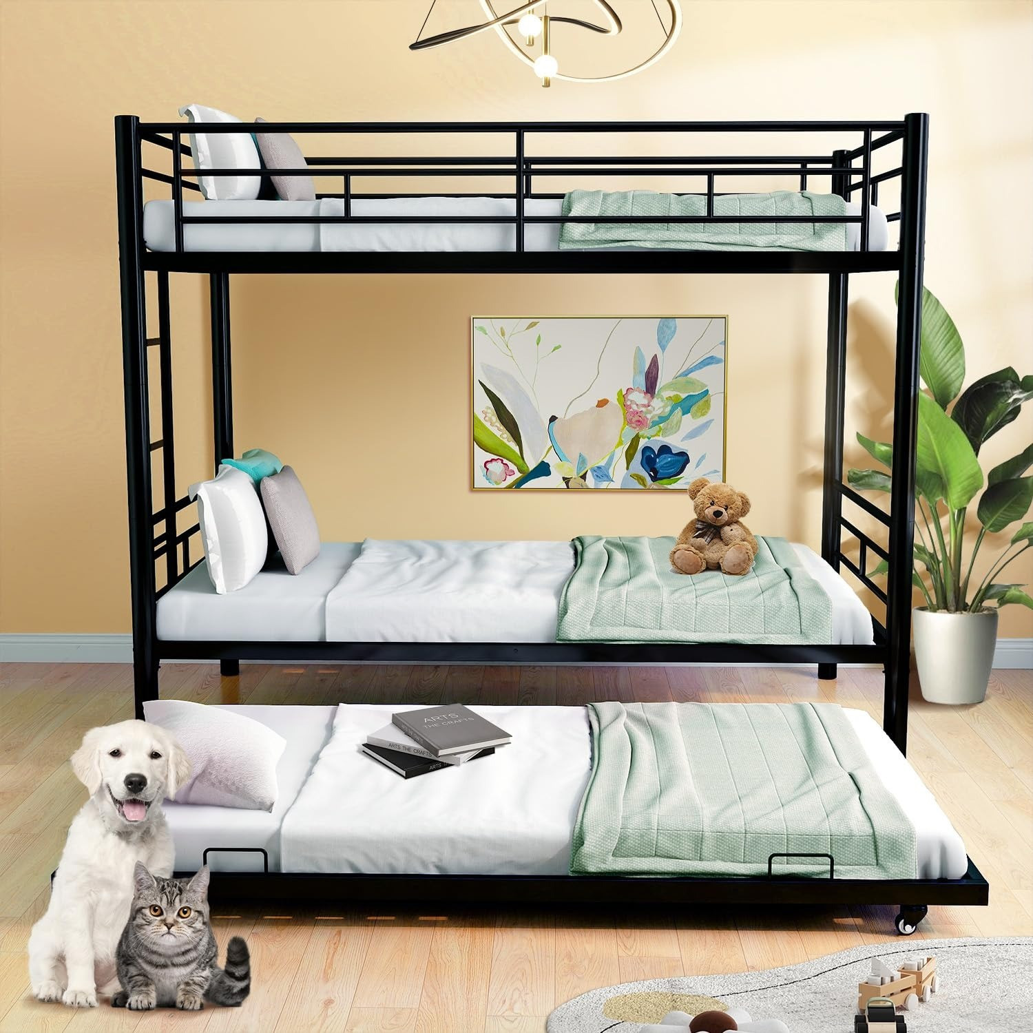 Image of ADORN MART Metal Bunk Bed with Trundle Twin Over Bunk Bed Heavy Duty Metal Bunk Bed