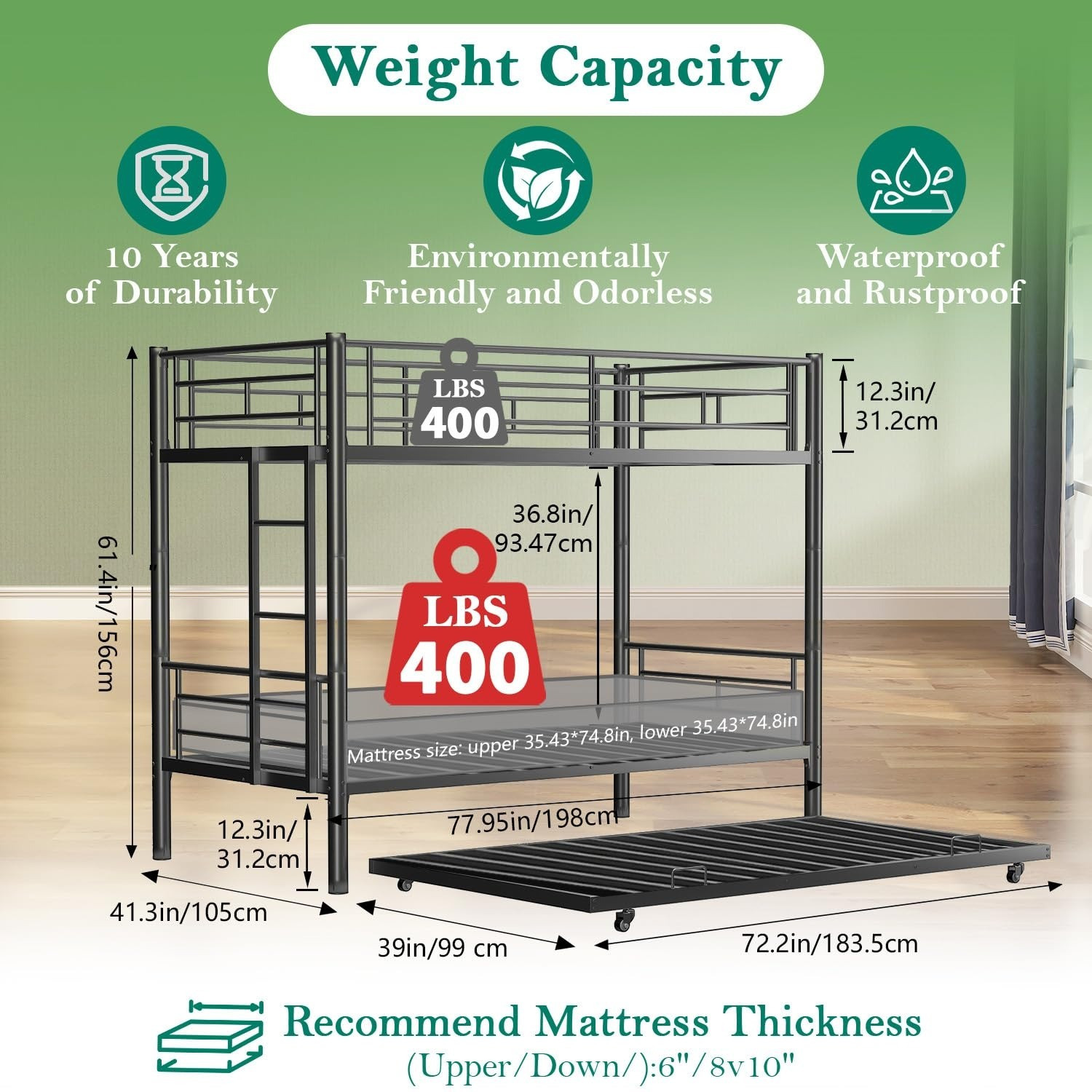 Image of ADORN MART Metal Bunk Bed with Trundle Twin Over Bunk Bed Heavy Duty Metal Bunk Bed