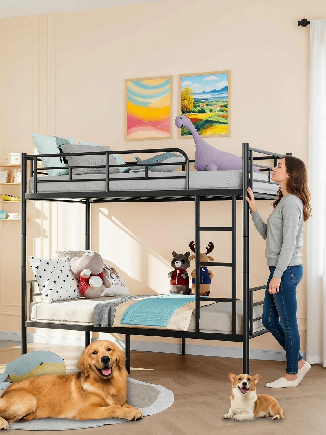 Image of IRONIC HOUSE Twin Over Full Metal Bunk Bed Heavy Duty Bed Frame with Safety Guard Rail,Ladder Metal Bunk Bed (Finish Color - BLACK, DIY(Do-It-Yourself))