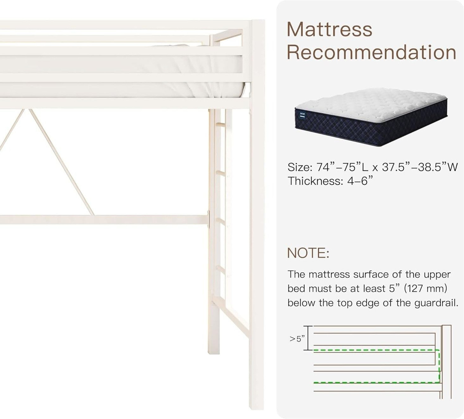 Image of BhaviHandicraft Loft Bed Twin Size, Multifunctional Twin Bed with Safety Guard. Metal Bunk Bed