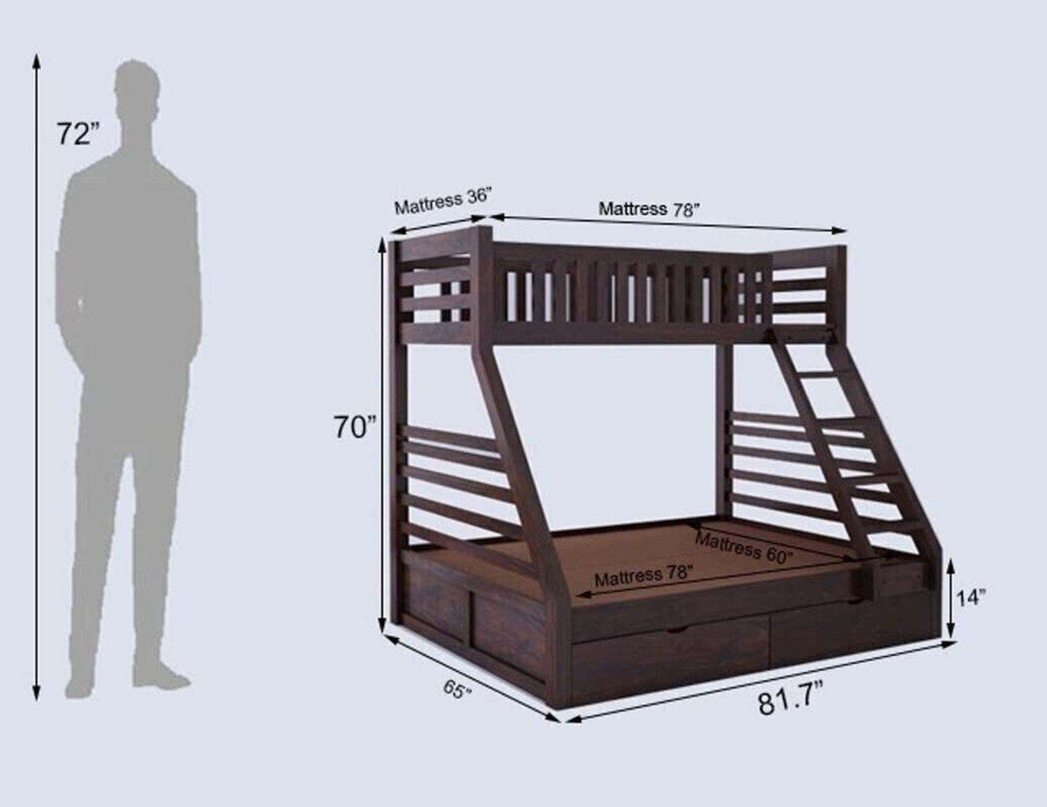 Image of Ganpati Arts Wooden Italian Bunk Bed /Wooden Twin Over Bed with Ladder With 2 Drawer Storage Solid Wood Bunk Bed