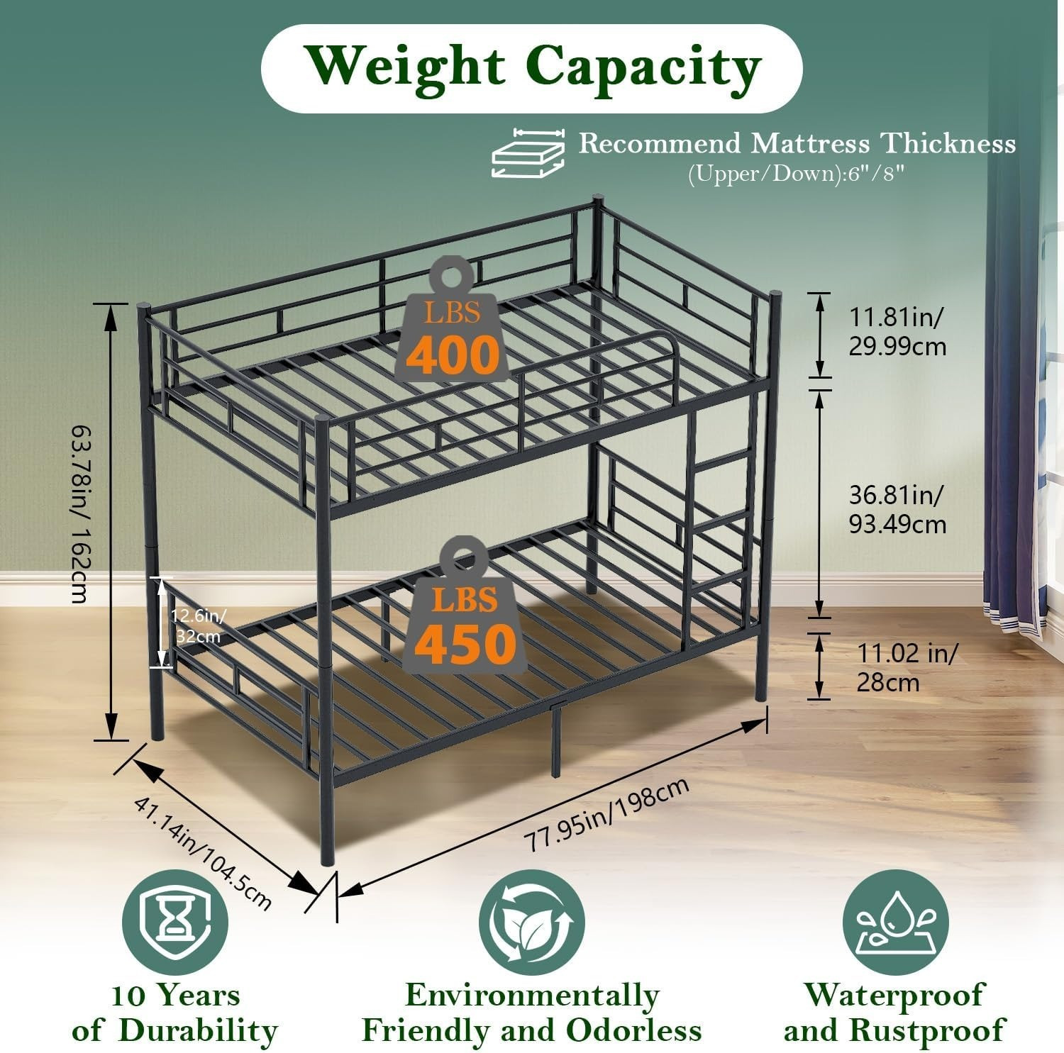 Image of IRONIC HOUSE Twin Over Full Metal Bunk Bed Heavy Duty Bed Frame with Safety Guard Rail,Ladder Metal Bunk Bed (Finish Color - BLACK, DIY(Do-It-Yourself))