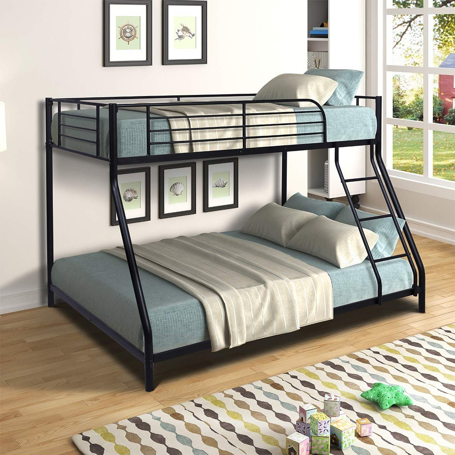 Image of IRONIC HOUSE Bunk Bed Twin Over Full Sturdy Steel Metal Bed Frame with Flat Ladder&Guardrail Metal Bunk Bed