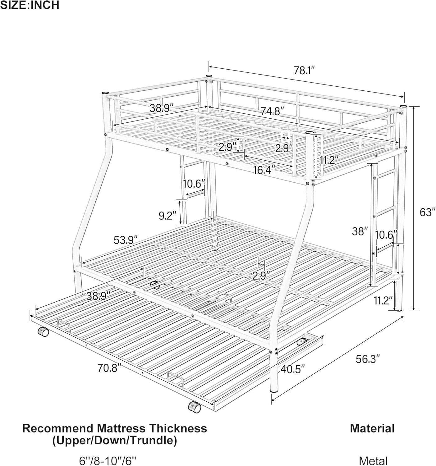 Image of A R Creation Shop Twin Over Full Metal Bunk Bed Heavy Duty Bed Frame with Safety Guard Rail,Ladder Metal Bunk Bed
