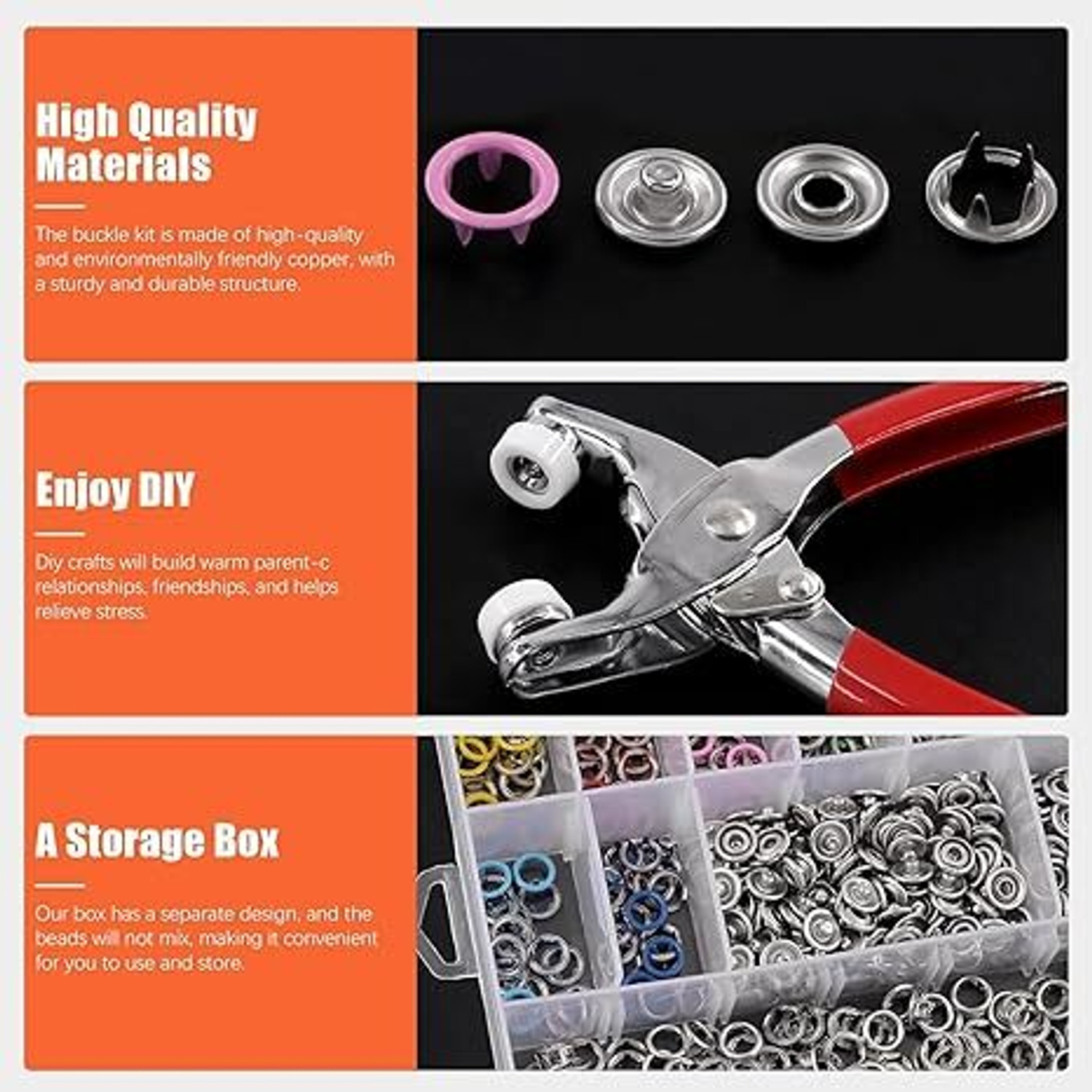 Image of NIVKEZ Metal Snap Button Press Kit with Fastener Pliers, multicolor Kit 200 Pieces Metal, Plastic Buttons