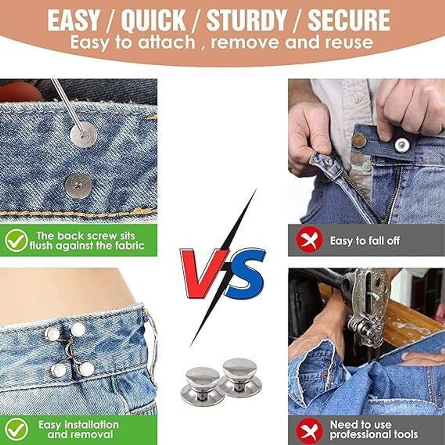 Image of KASHTGO Jean Button Pins, Waist Buckle for Jeans,Waist Tightener Clips for Loose Jeans Metal Buttons
