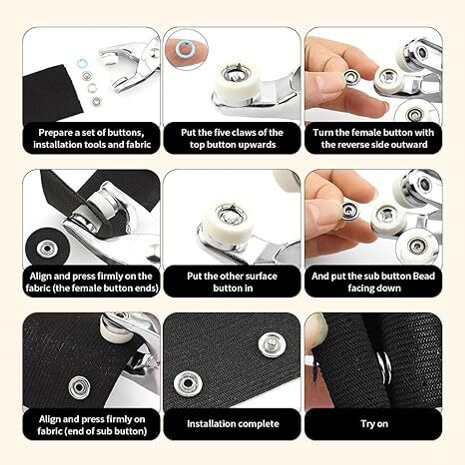 Image of NIVKEZ Metal Snap Button Press Kit with Fastener Pliers, multicolor Kit 200 Pieces Metal, Plastic Buttons