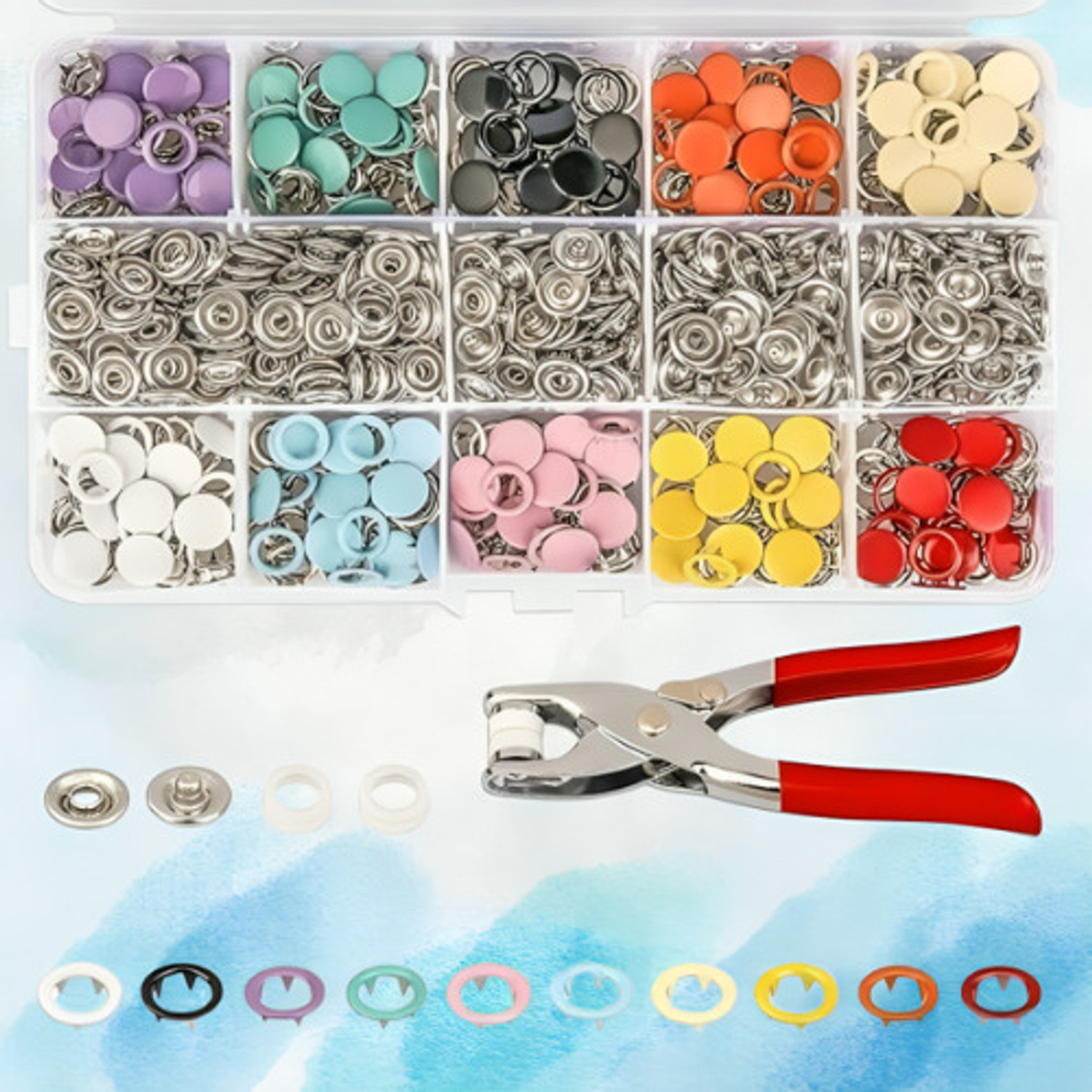 Image of NIVKEZ Metal Snap Button Press Kit with Fastener Pliers, multicolor Kit 200 Pieces Metal, Plastic Buttons