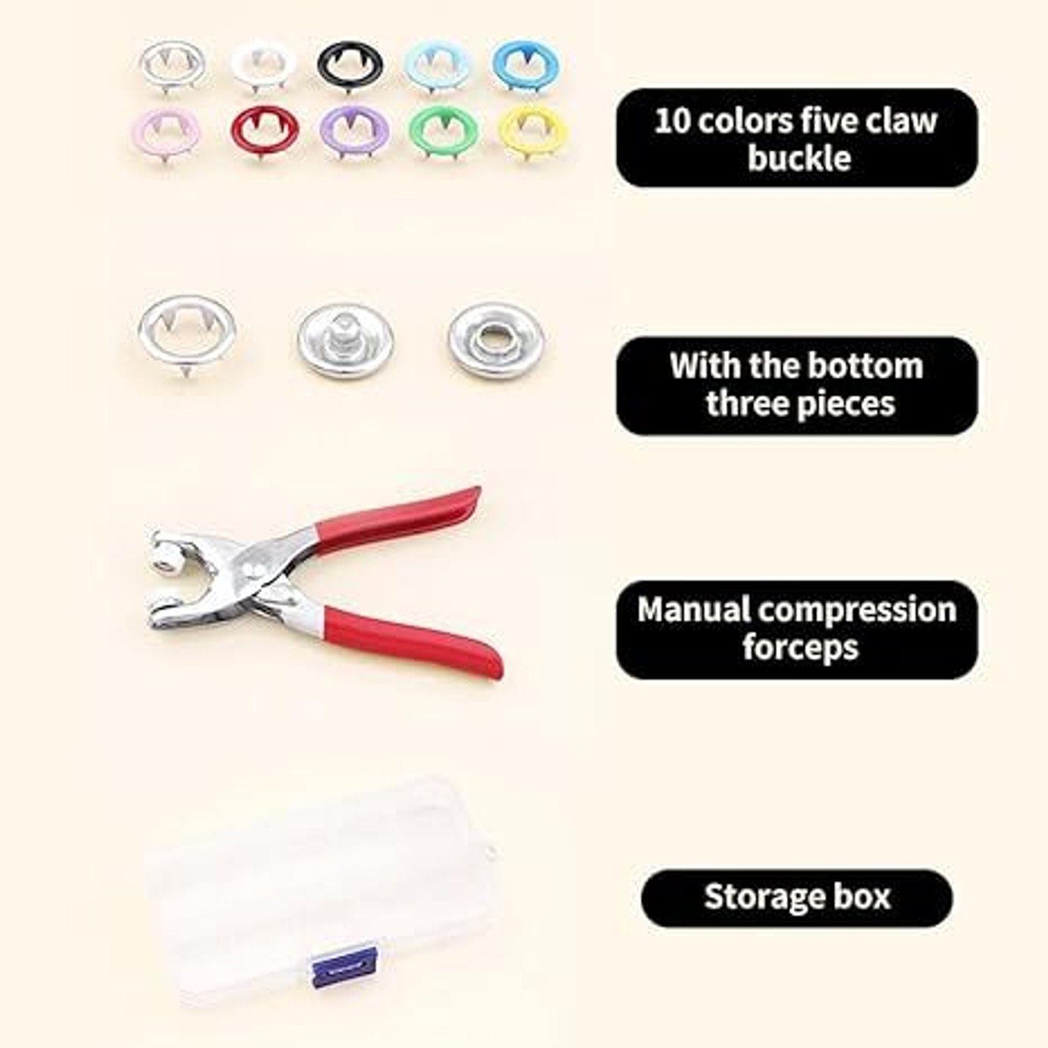Image of NIVKEZ Metal Snap Button Press Kit with Fastener Pliers, multicolor Kit 200 Pieces Metal, Plastic Buttons