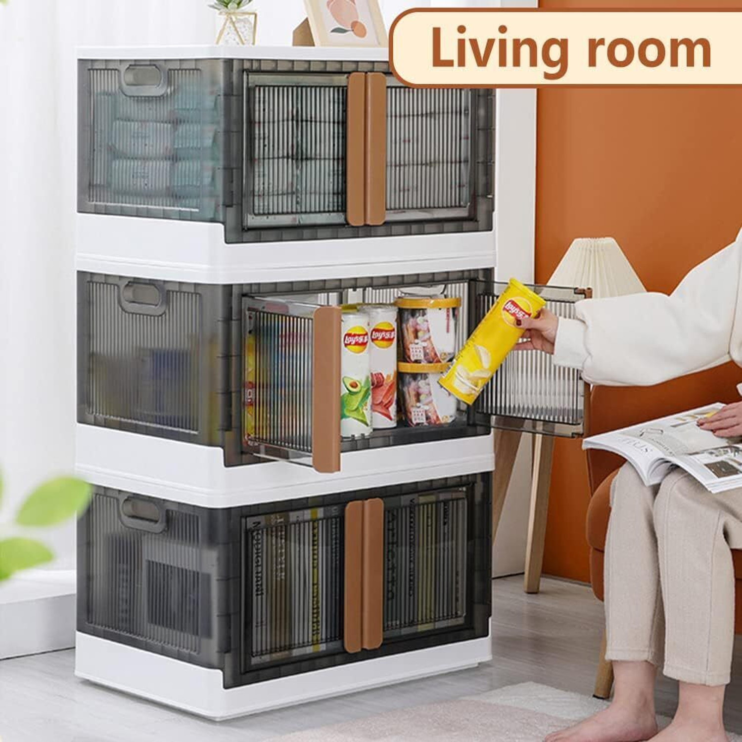 Image of FINWARE 3 Units Multipurpose Folding Cabinet Storage Organizer Box with Wheels&Lid.(3XL) Plastic Free Standing Chest of Drawers