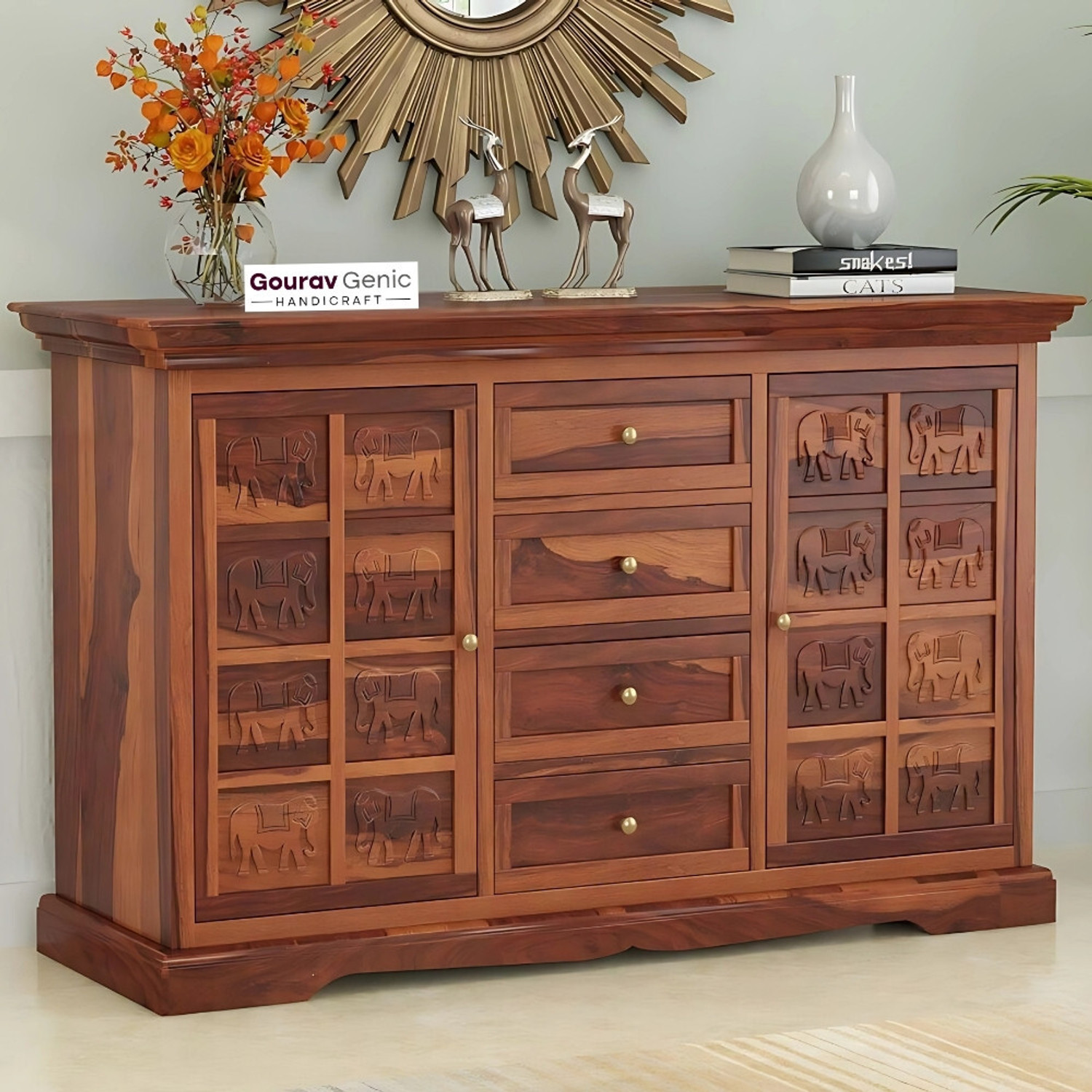 Image of Gouravgenics Handicraft Tile Solid Wood Free Standing Sideboard