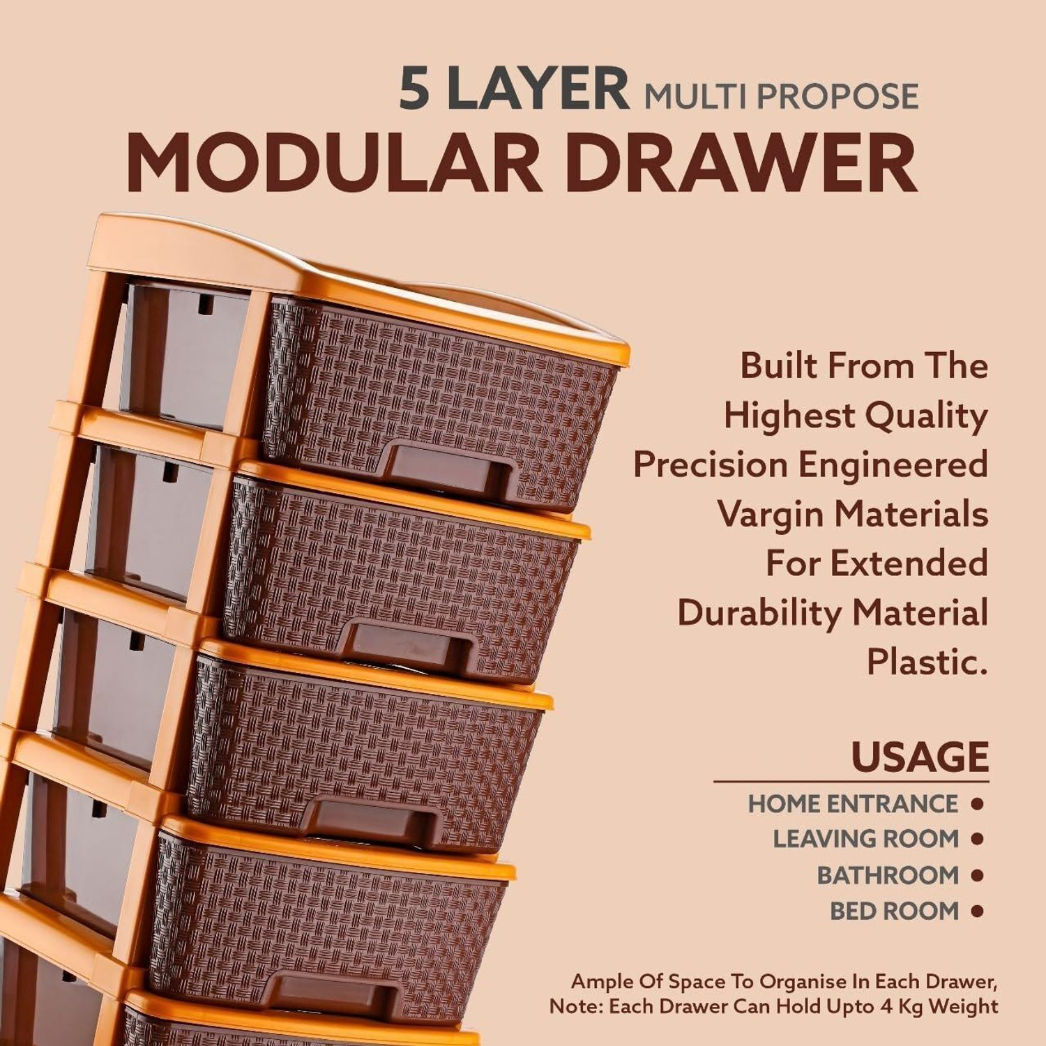 Image of LEVERET Multipurpose Drawer Plastic Modular Chest Storage Organizer Home Plastic Free Standing Chest of Drawers
