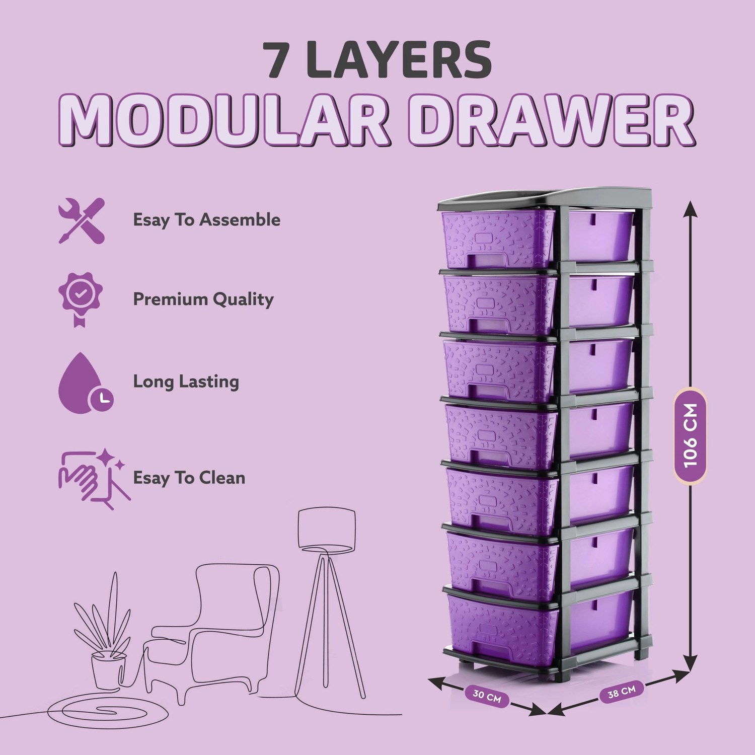 Image of KAVIRA STONE 7XL PURPLE Plastic Free Standing Chest of Drawers