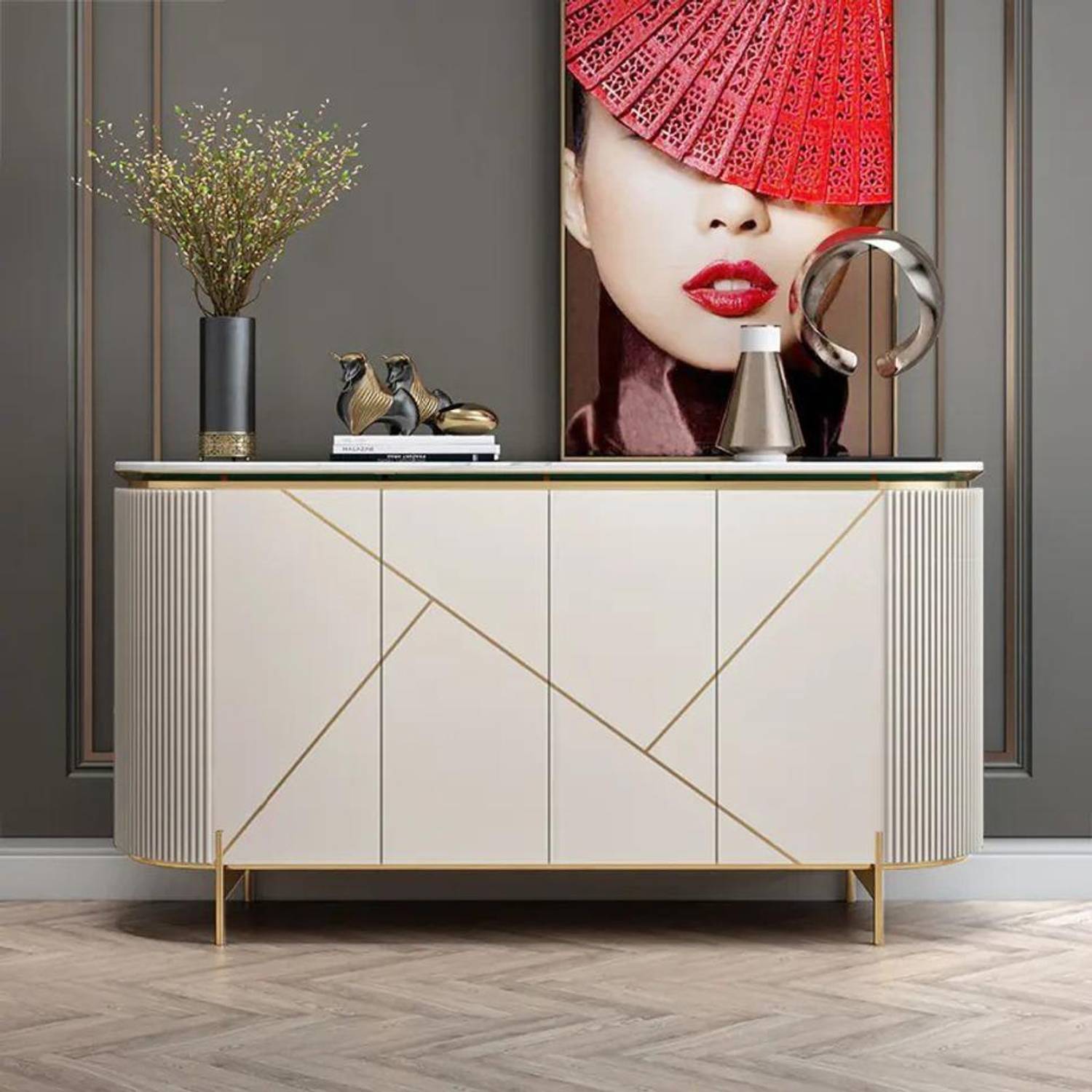 NG Decor 59" Modern Gray Sideboard Buffet Faux Marble Top with 4