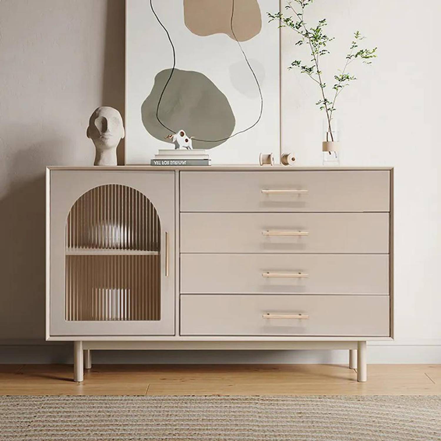 NG Decor 55" Beige Sideboard Buffet with Drawers & Glass Door Sto