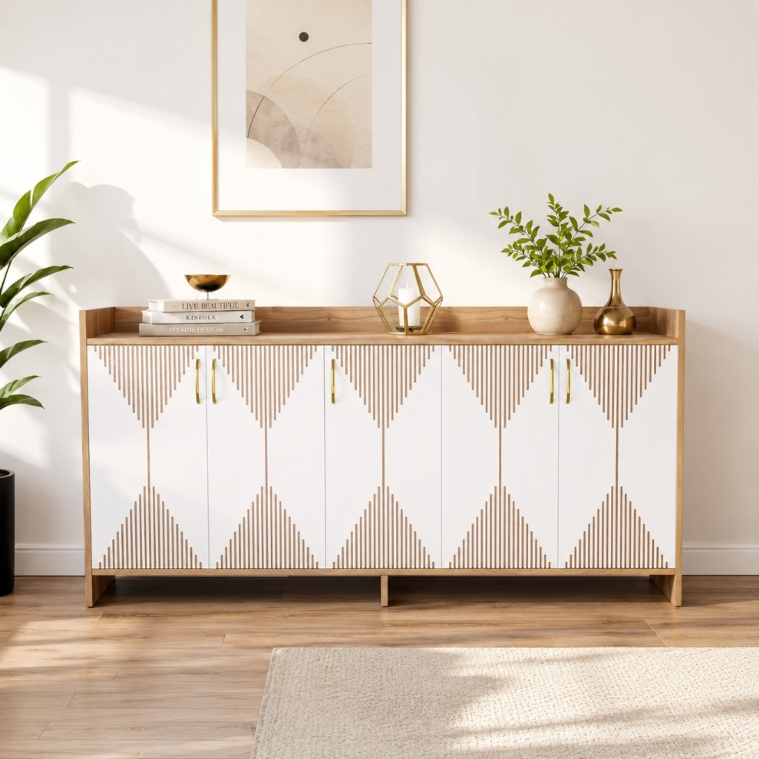 Image of Avenue Venture Multipurpose Sideboard Cabinet with Golden Handles & Storage for Living Room Engineered Wood Free Standing Chest of Drawers
