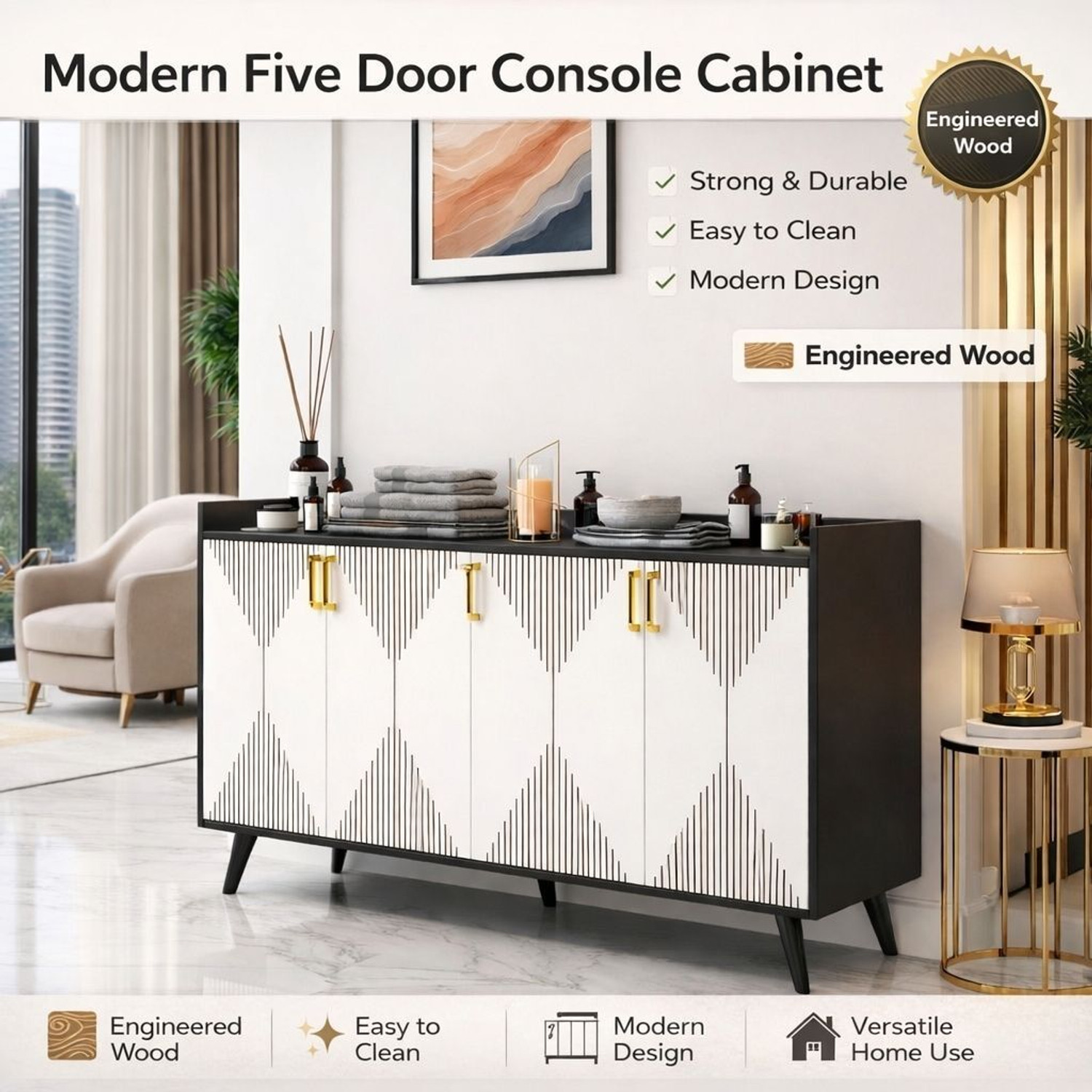 Image of Flipkart Perfect Homes Multipurpose Sideboard Cabinet with Golden Handles & Storage for Living Room Engineered Wood Free Standing Chest of Drawers