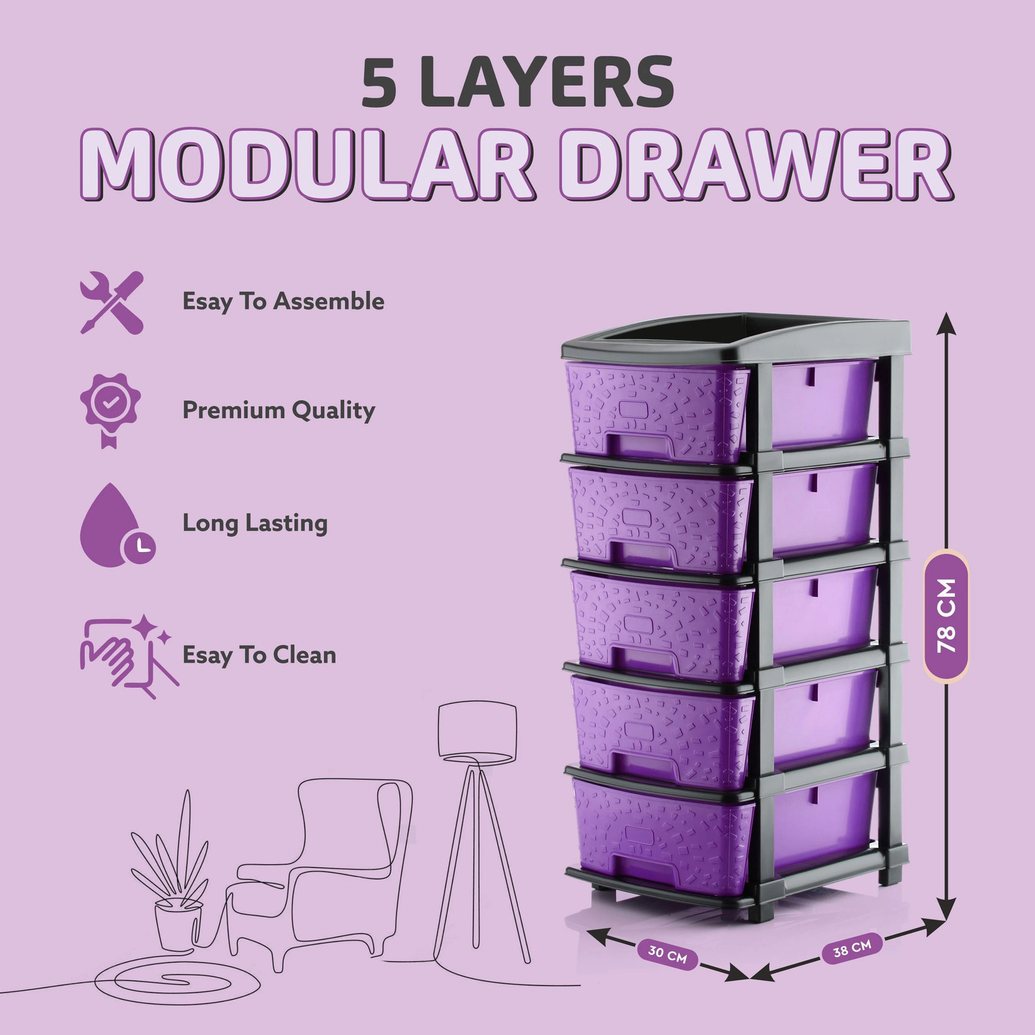 Image of KAVIRA STONE 5XL PURPLE Plastic Free Standing Chest of Drawers