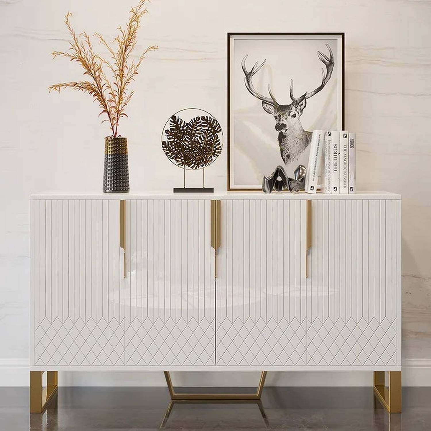 KDINTERIORS Aro Modern White Wood Sideboard Cabinet 4 Doors for K