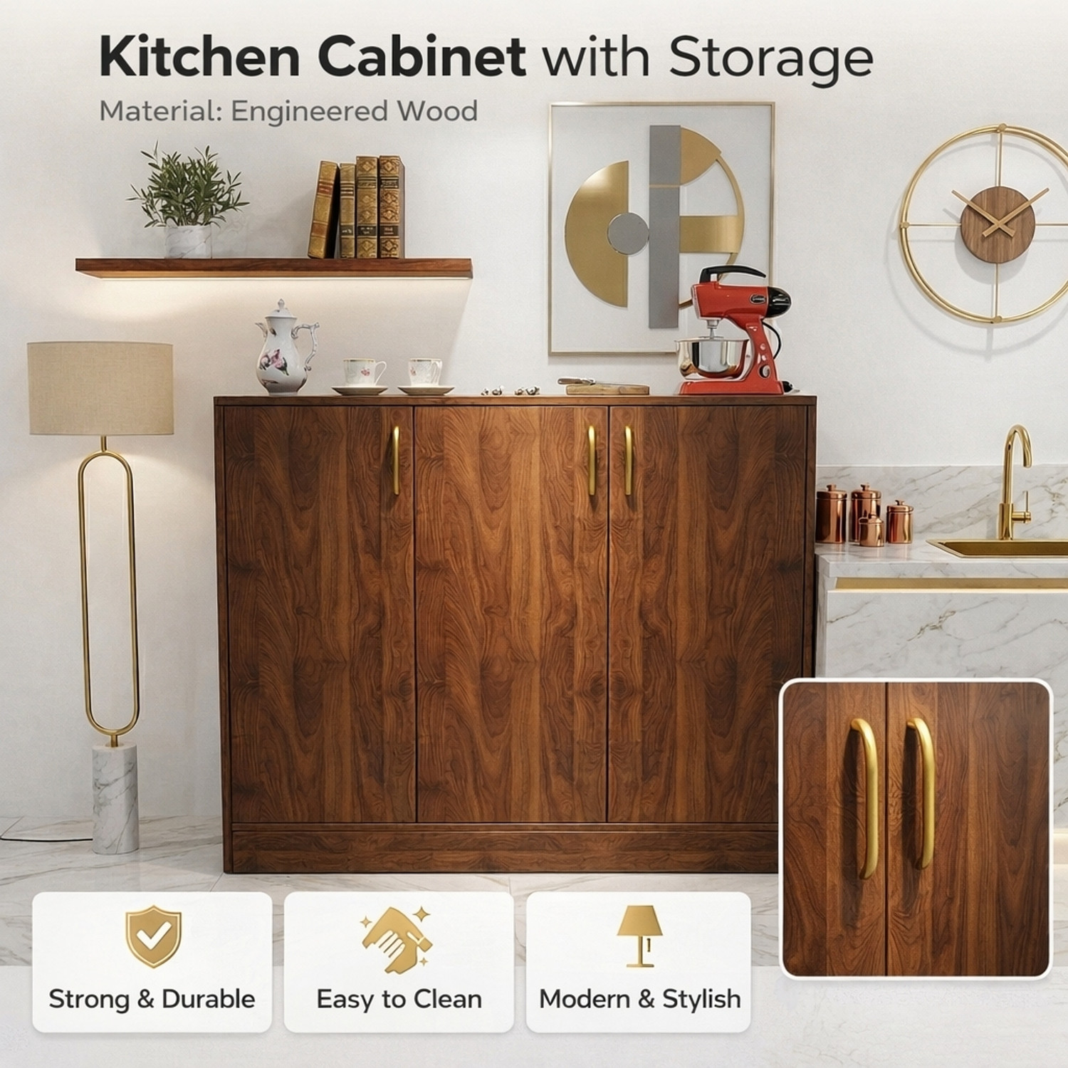 Image of Spyder Craft Multipurpose Storage Cabinet with Gold Handles & Countertop Unit Storage Engineered Wood Free Standing Chest of Drawers
