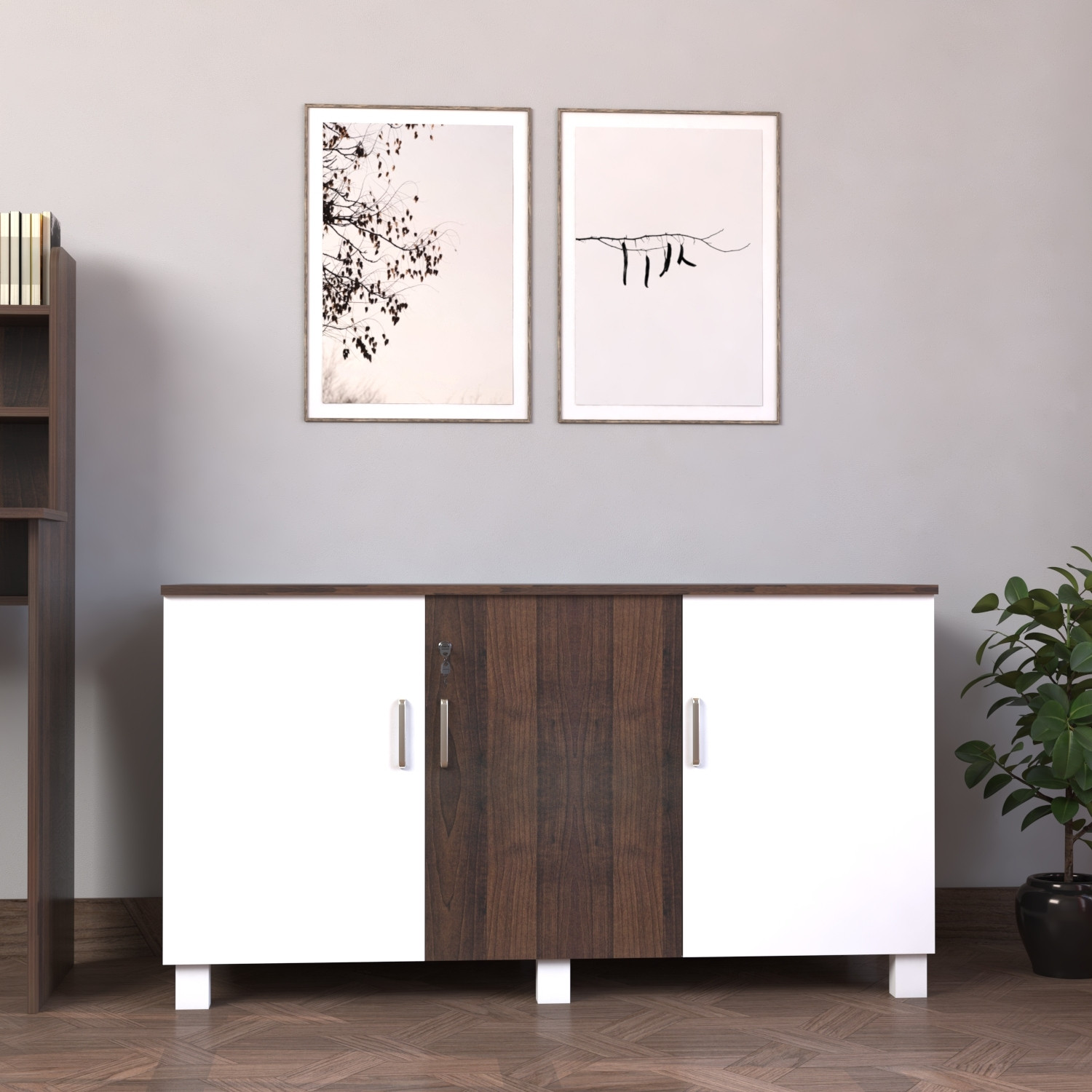 Image of Qwqbuy 3 Door Multipurpose Cabinet Booksardrobe for Home Kitchen Office Engineered Wood Free Standing Cabinet