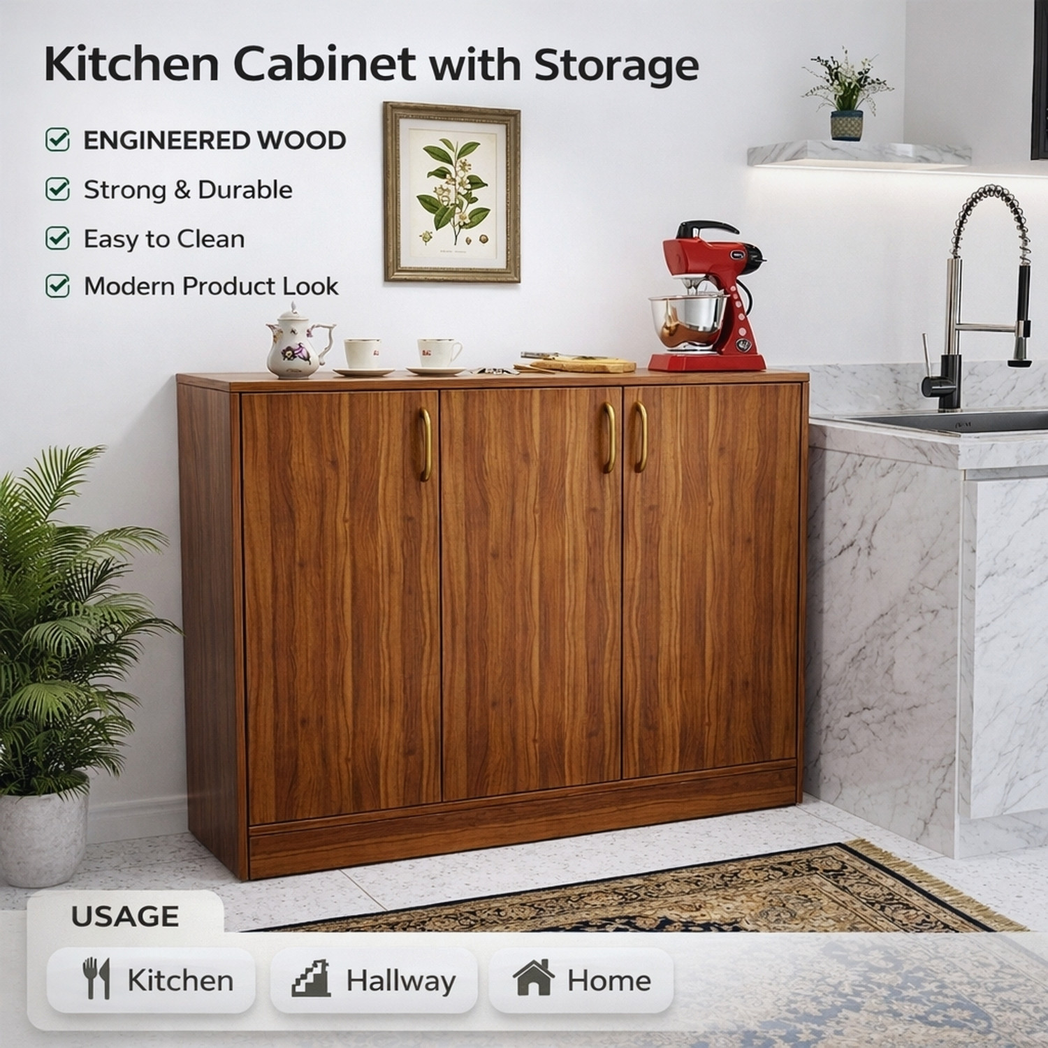 Image of Spyder Home Decore Multipurpose Storage Cabinet with Gold Handles & Countertop Unit Storage Engineered Wood Free Standing Chest of Drawers