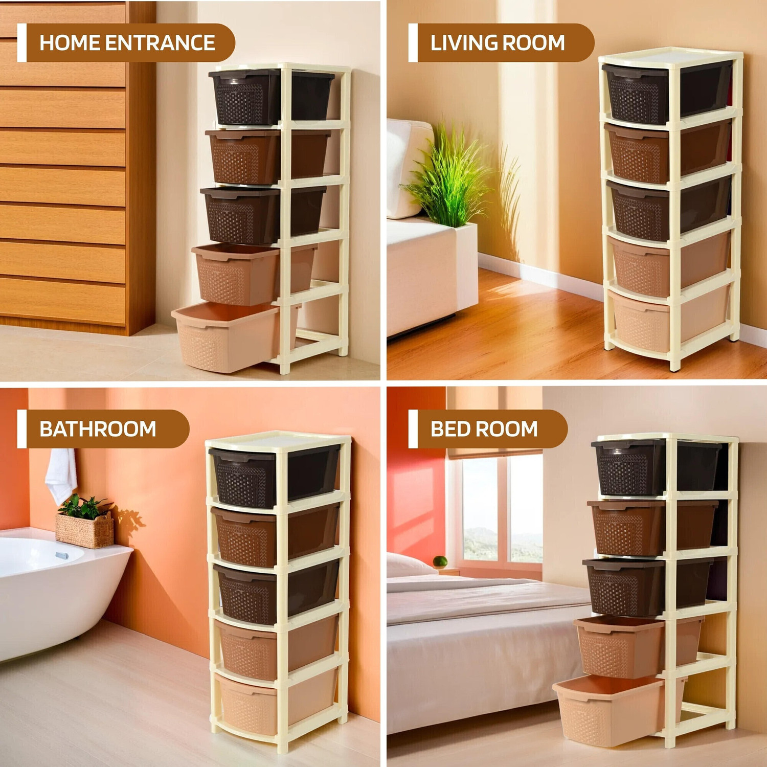Image of KUBER INDUSTRIES Modular 5-Layer & 92 Ltr Plastic Drawer Storage Organiser | Brown Plastic Free Standing Chest of Drawers