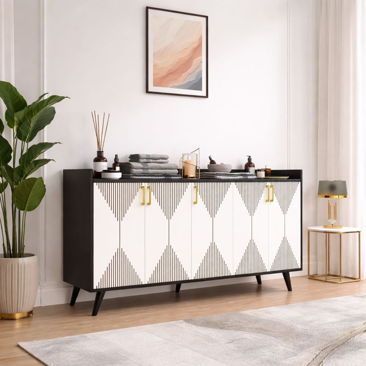 Image of Flipkart Perfect Homes Multipurpose Sideboard Cabinet with Golden Handles & Storage for Living Room Engineered Wood Free Standing Chest of Drawers