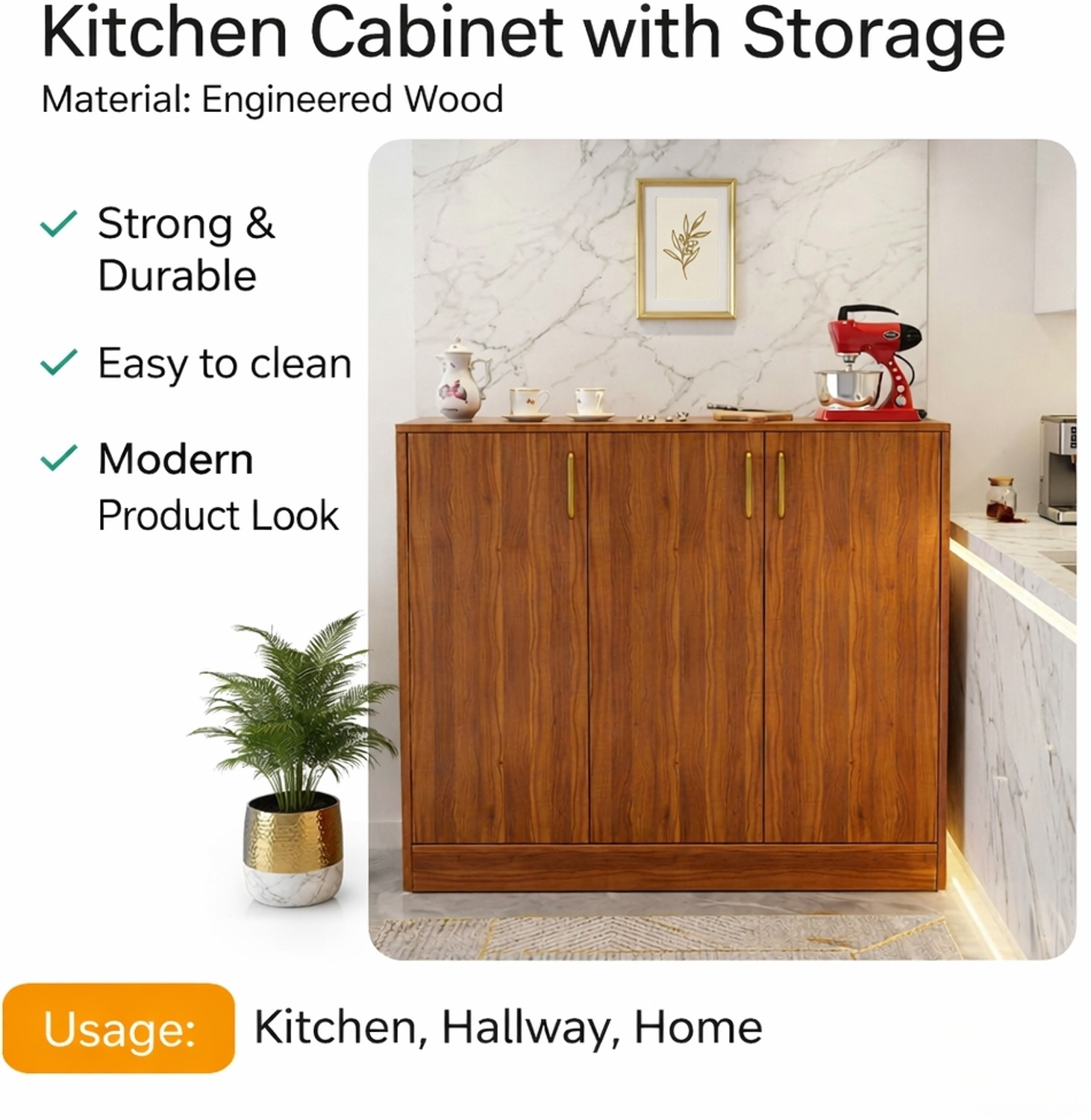 Image of Spyder Home Decore Multipurpose Storage Cabinet with Gold Handles & Countertop Unit Storage Engineered Wood Free Standing Chest of Drawers