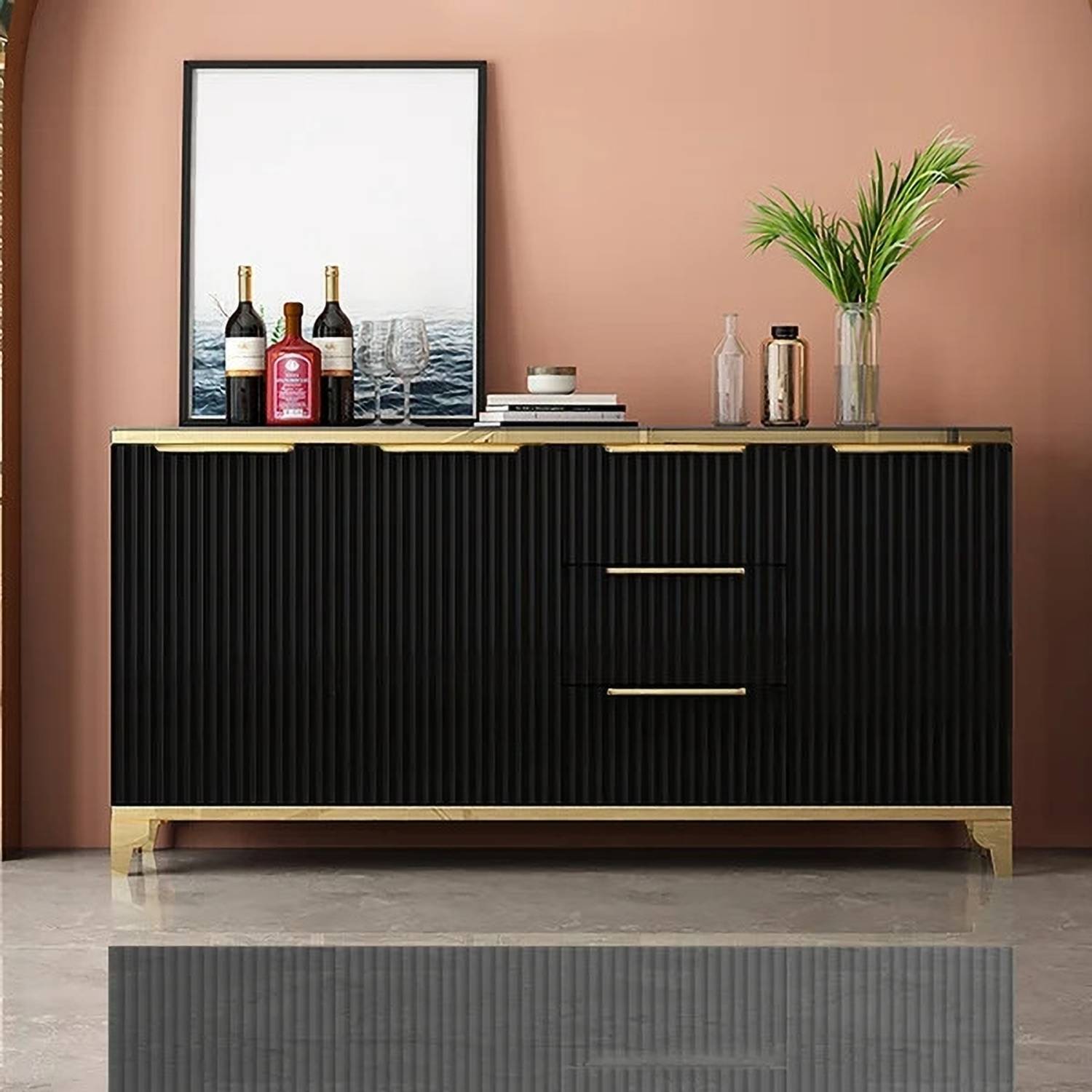 Kd Kohinoor D cor 63" Black Sideboard with PU Paint Top and 3 Dra