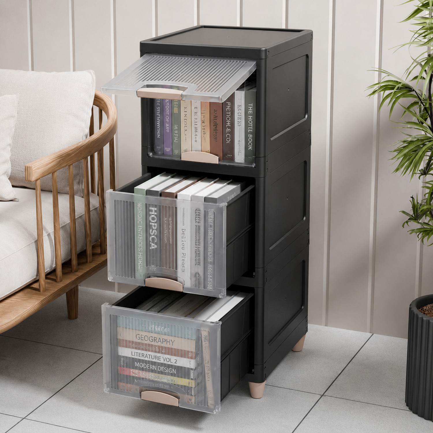 Image of Sumoware 3 Layer Foldable Plastic Storage Cabinet with Transparent Doors for Books, Plastic Free Standing Cabinet