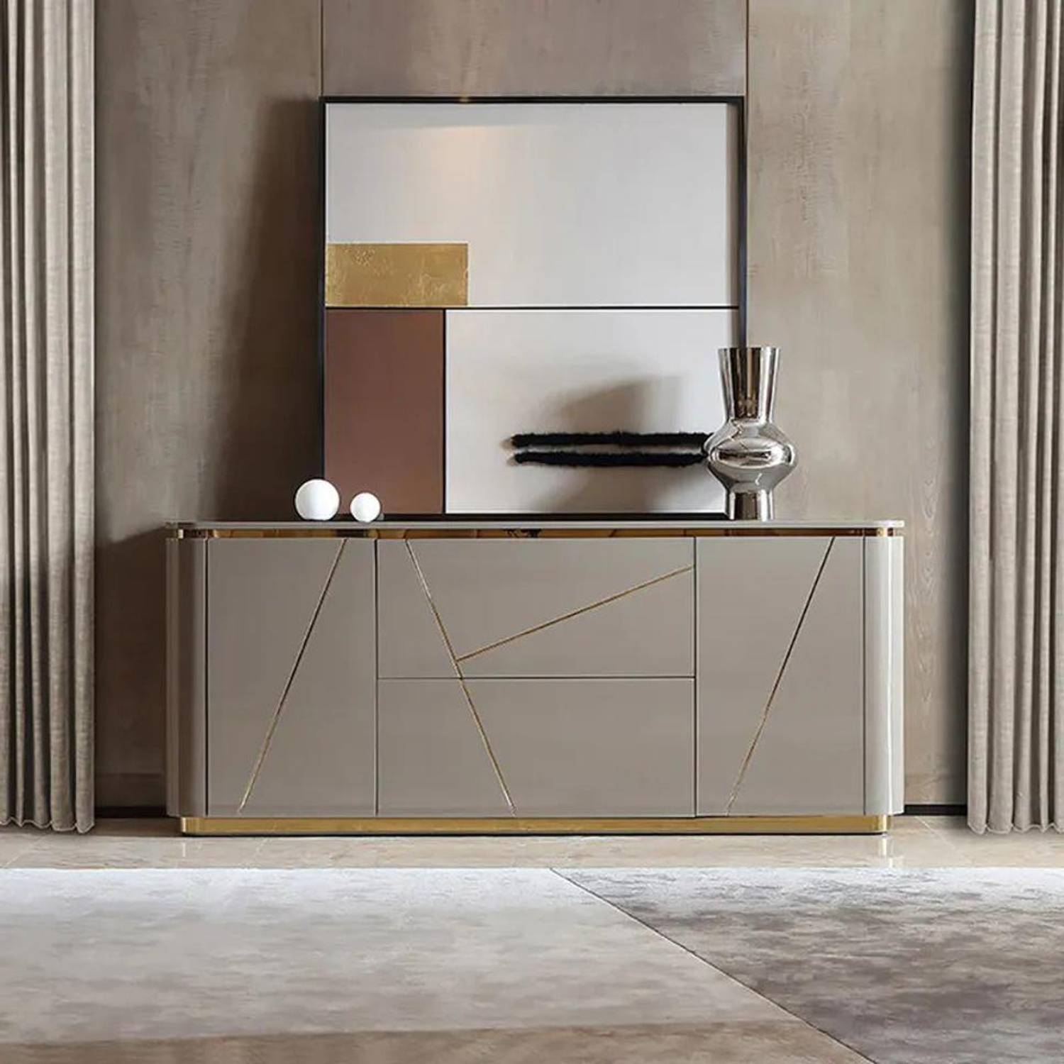 NG Decor Janice Gray Sideboard Buffet with Drawer & Shelves Gold