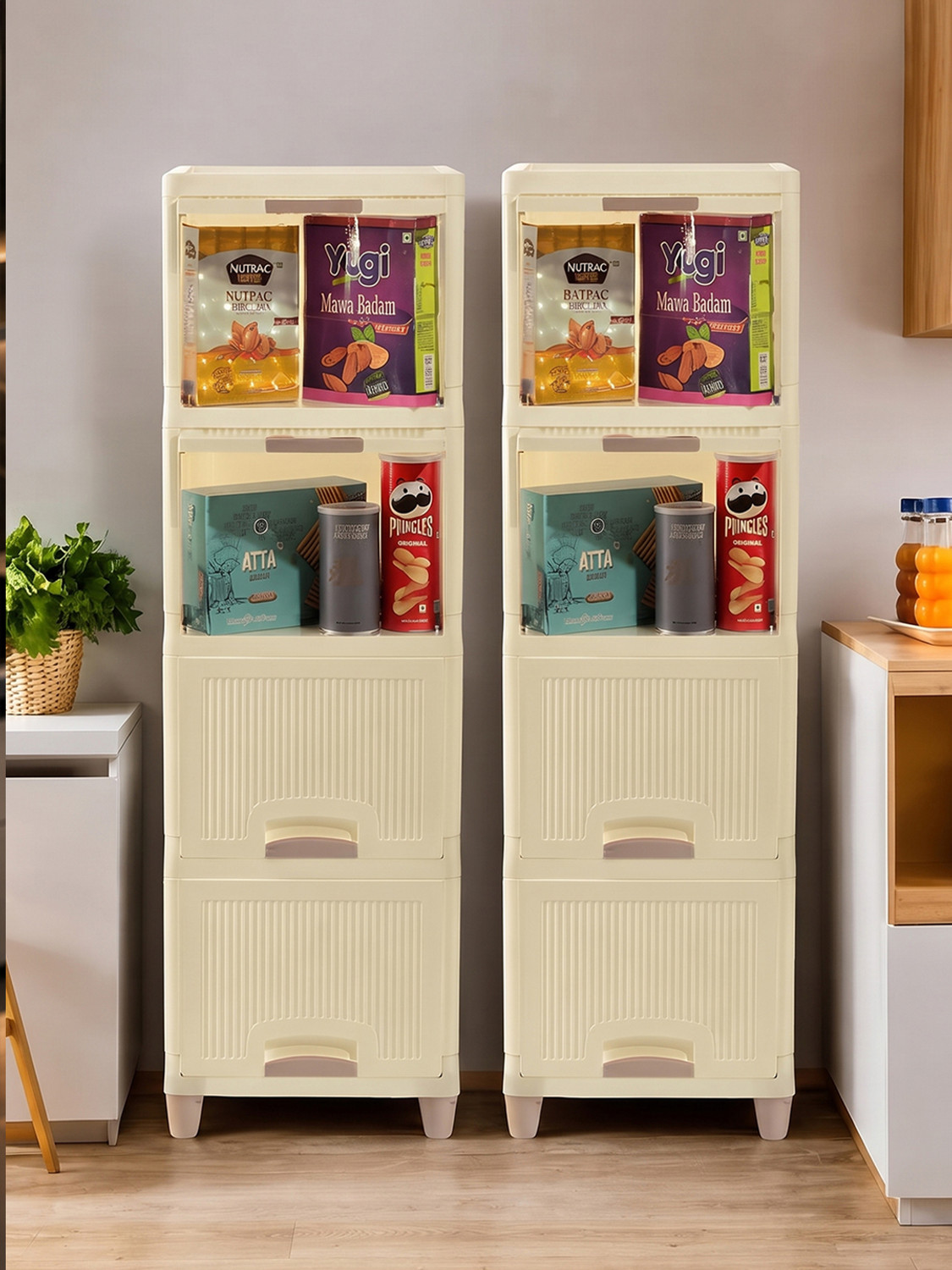 Image of HOMESTIC by Kuber Industries 8 Units Cabinet Organizer (4 + 4) Multipurpose Folding Storage Racks | Ivory Plastic Free Standing Cabinet