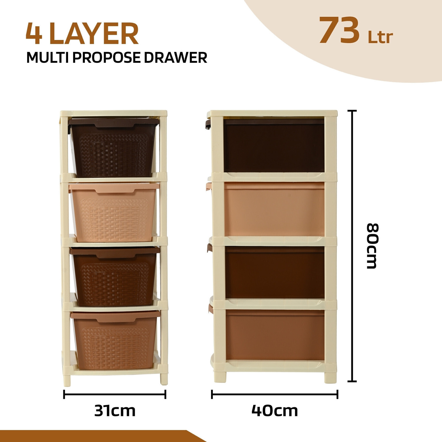 Image of KUBER INDUSTRIES Modular 4-Layer & 73 Ltr Plastic Drawer Storage Organiser | Brown Plastic Free Standing Chest of Drawers