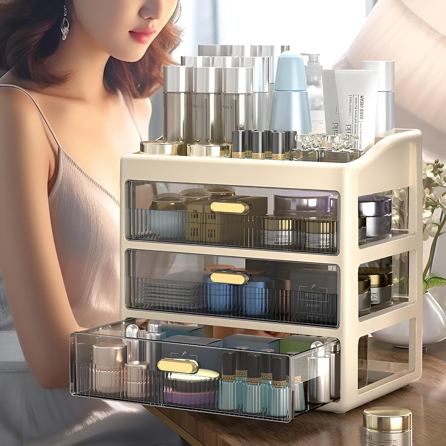 Image of HomeQueen Organizer Plastic Storage Box with Sliding Drawer for Cosmetics and Jewellery 4 Compartment Vanity Box