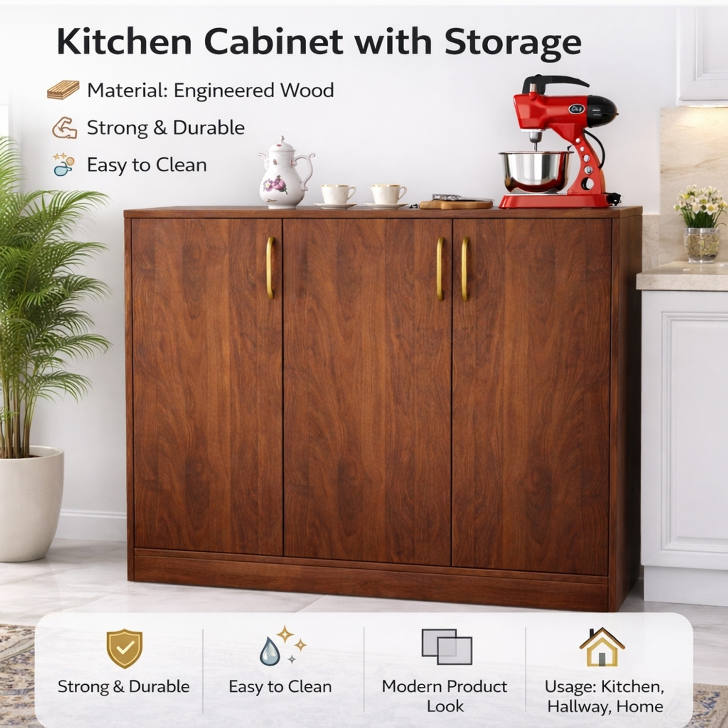 Image of Spyder Craft Multipurpose Storage Cabinet with Gold Handles & Countertop Unit Storage Engineered Wood Free Standing Chest of Drawers