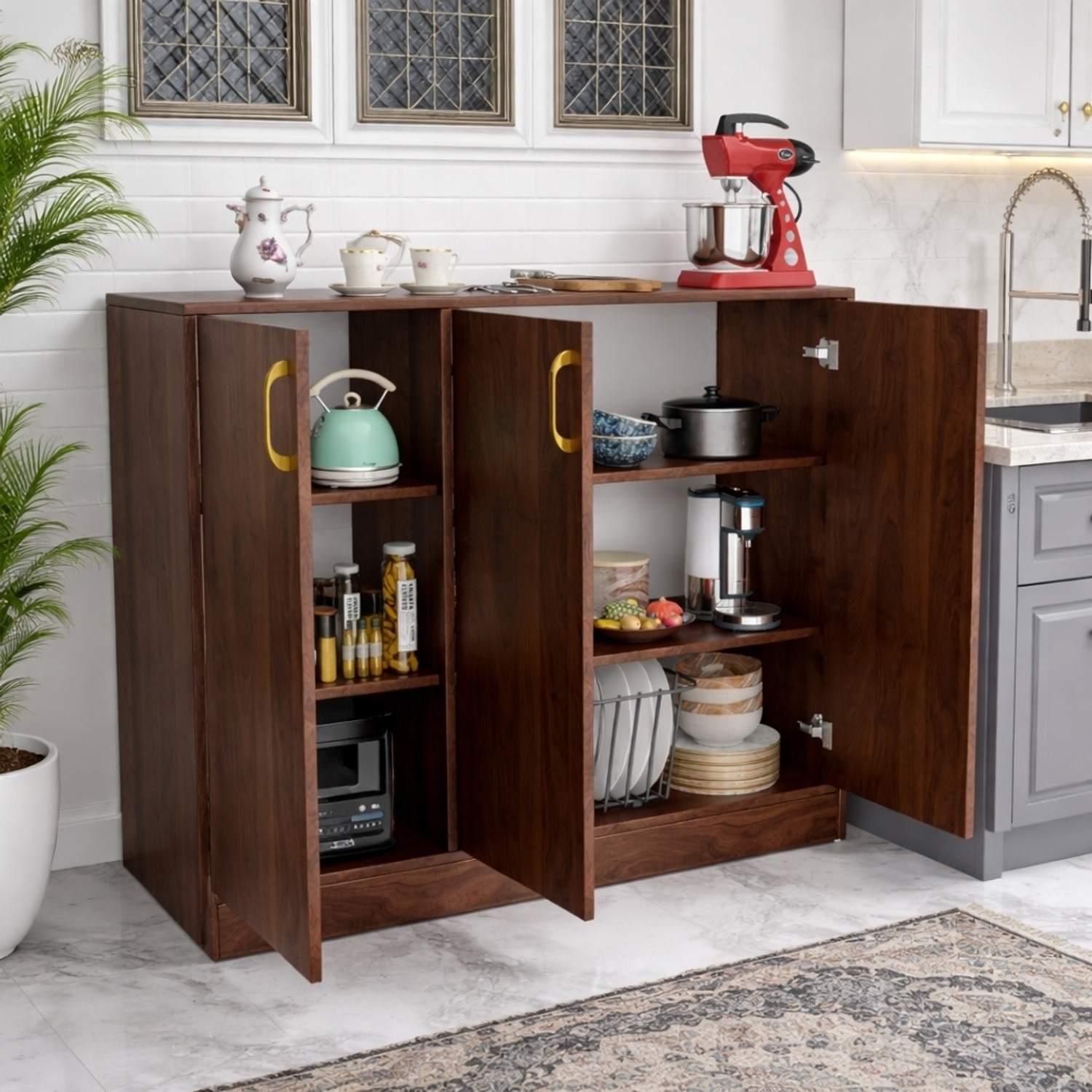 Image of Spyder Craft Multipurpose Storage Cabinet with Gold Handles & Countertop Unit Storage Engineered Wood Free Standing Chest of Drawers