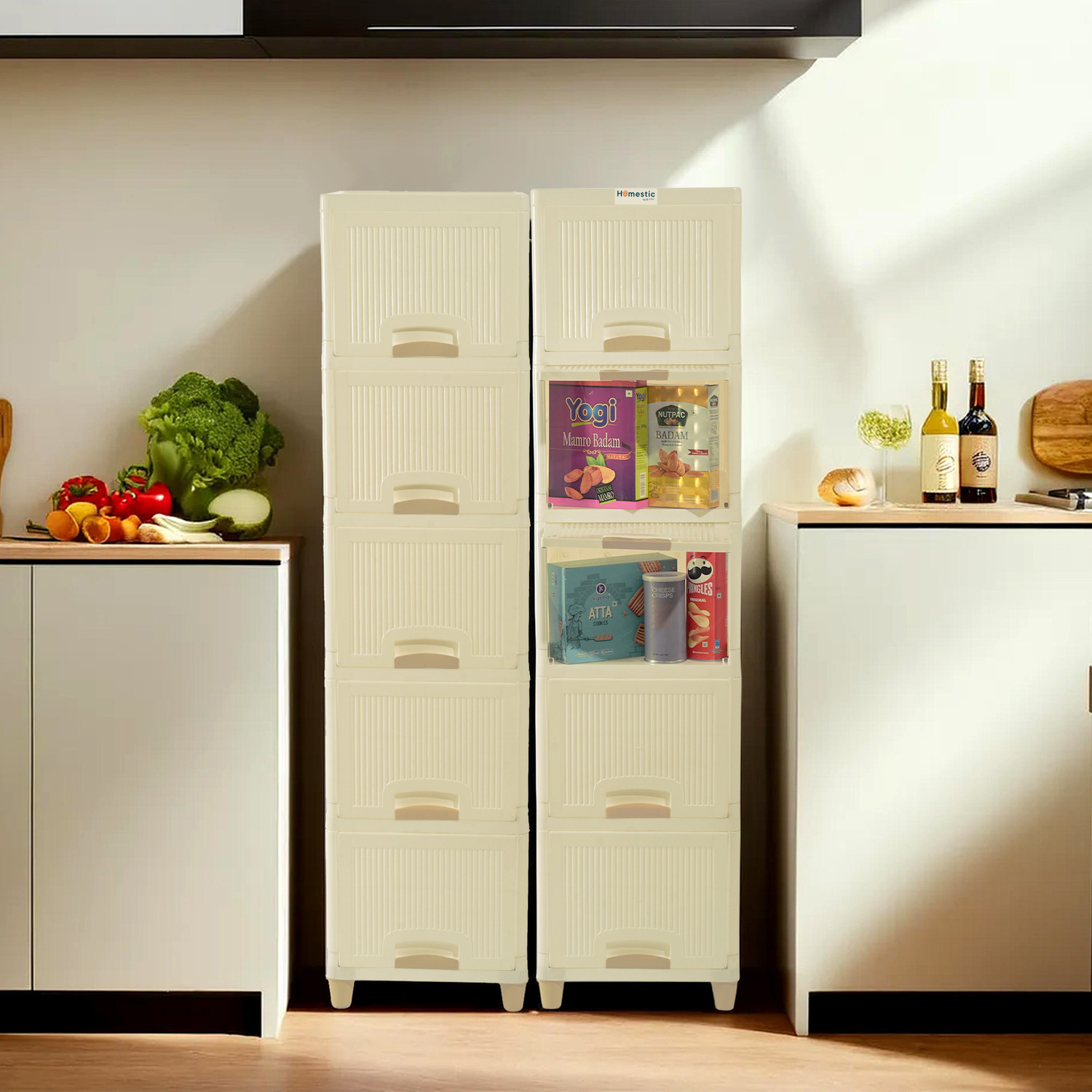 Image of HOMESTIC by Kuber Industries 10 Units Cabinet Organizer (5 + 5) Multipurpose Folding Storage Racks | Ivory Plastic Free Standing Cabinet