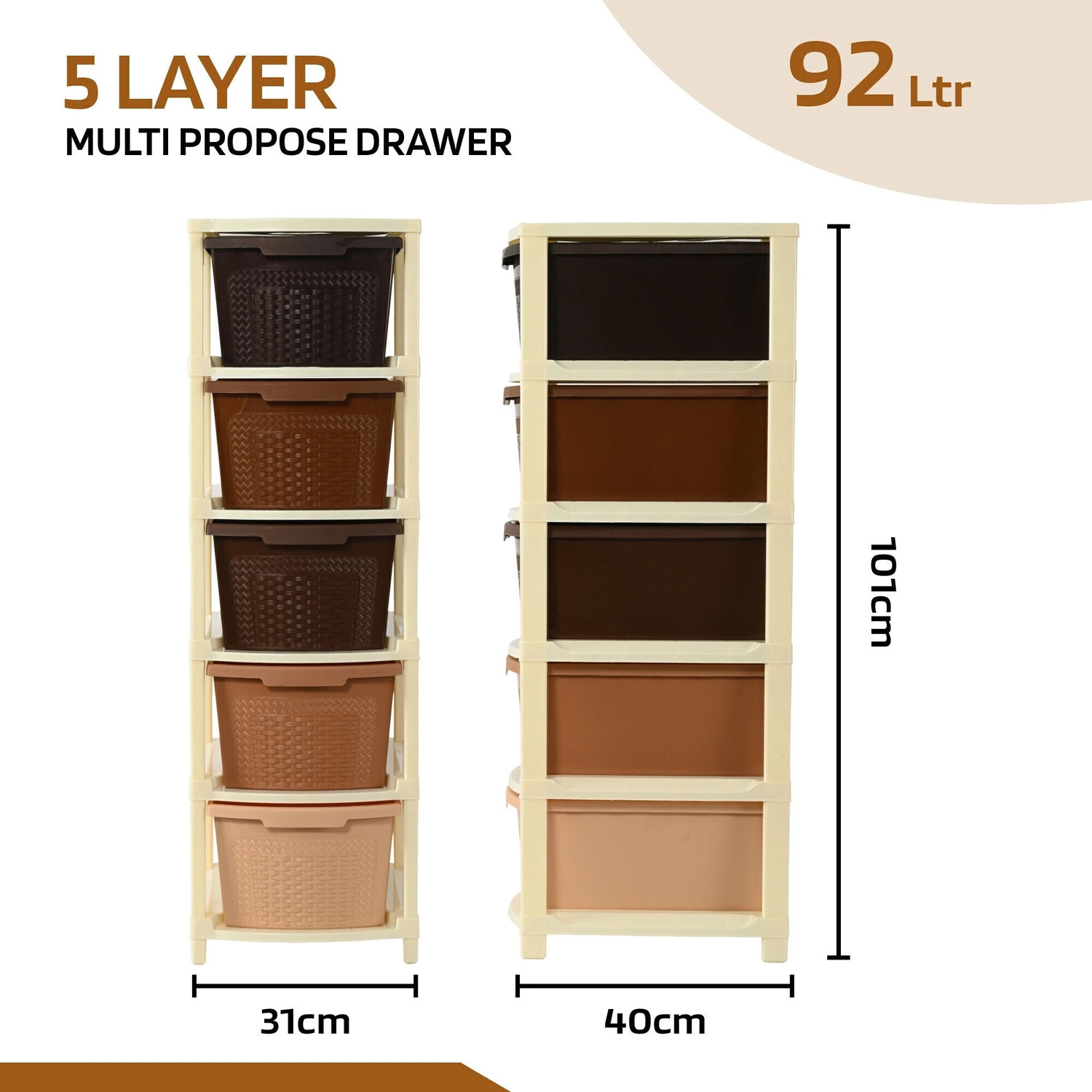Image of KUBER INDUSTRIES Modular 5-Layer & 92 Ltr Plastic Drawer Storage Organiser | Brown Plastic Free Standing Chest of Drawers