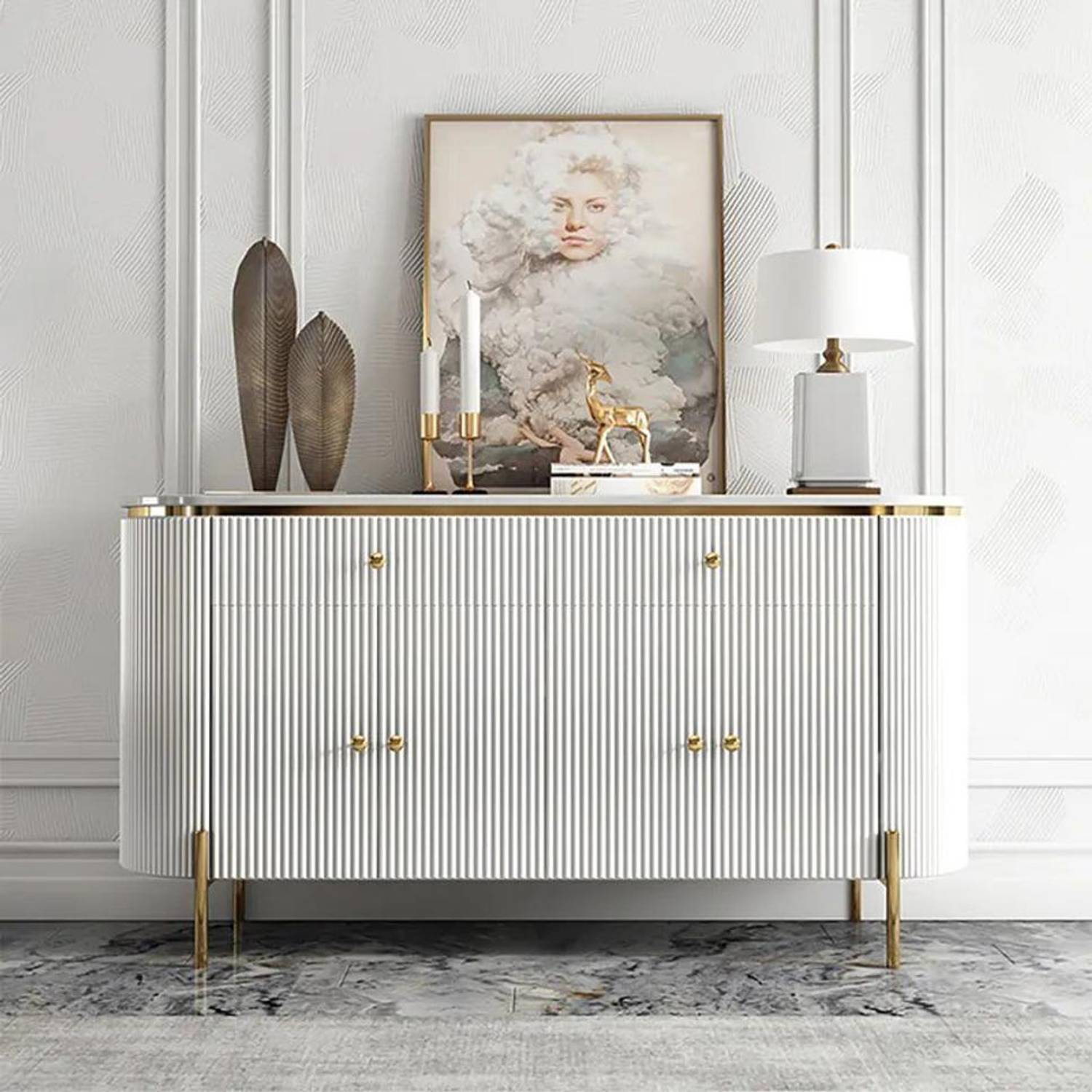 NG Decor Yelly 55.1" Modern Marble Top Buffet & Sideboard Doors &