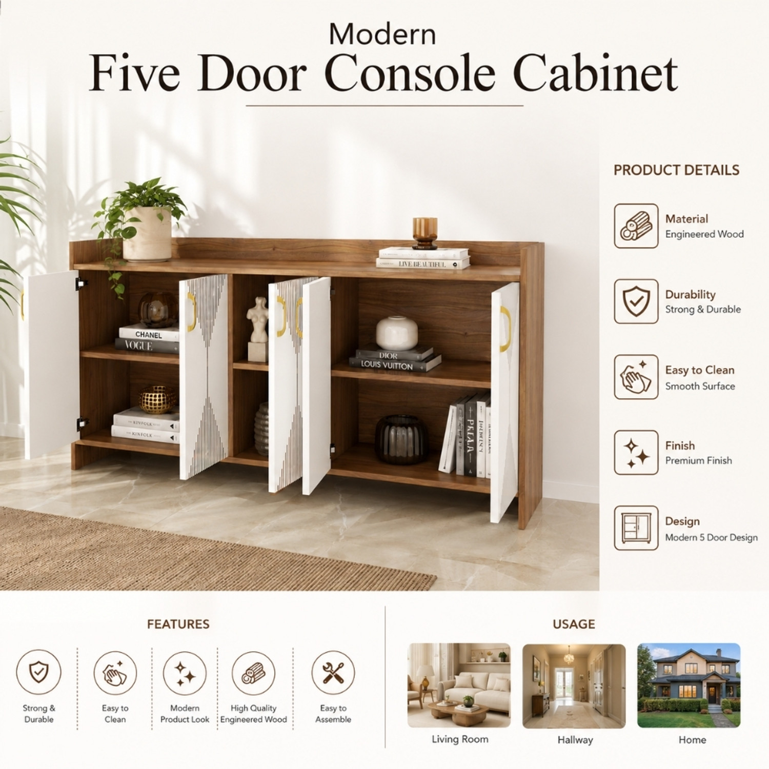 Image of Avenue Venture Multipurpose Sideboard Cabinet with Golden Handles & Storage for Living Room Engineered Wood Free Standing Chest of Drawers