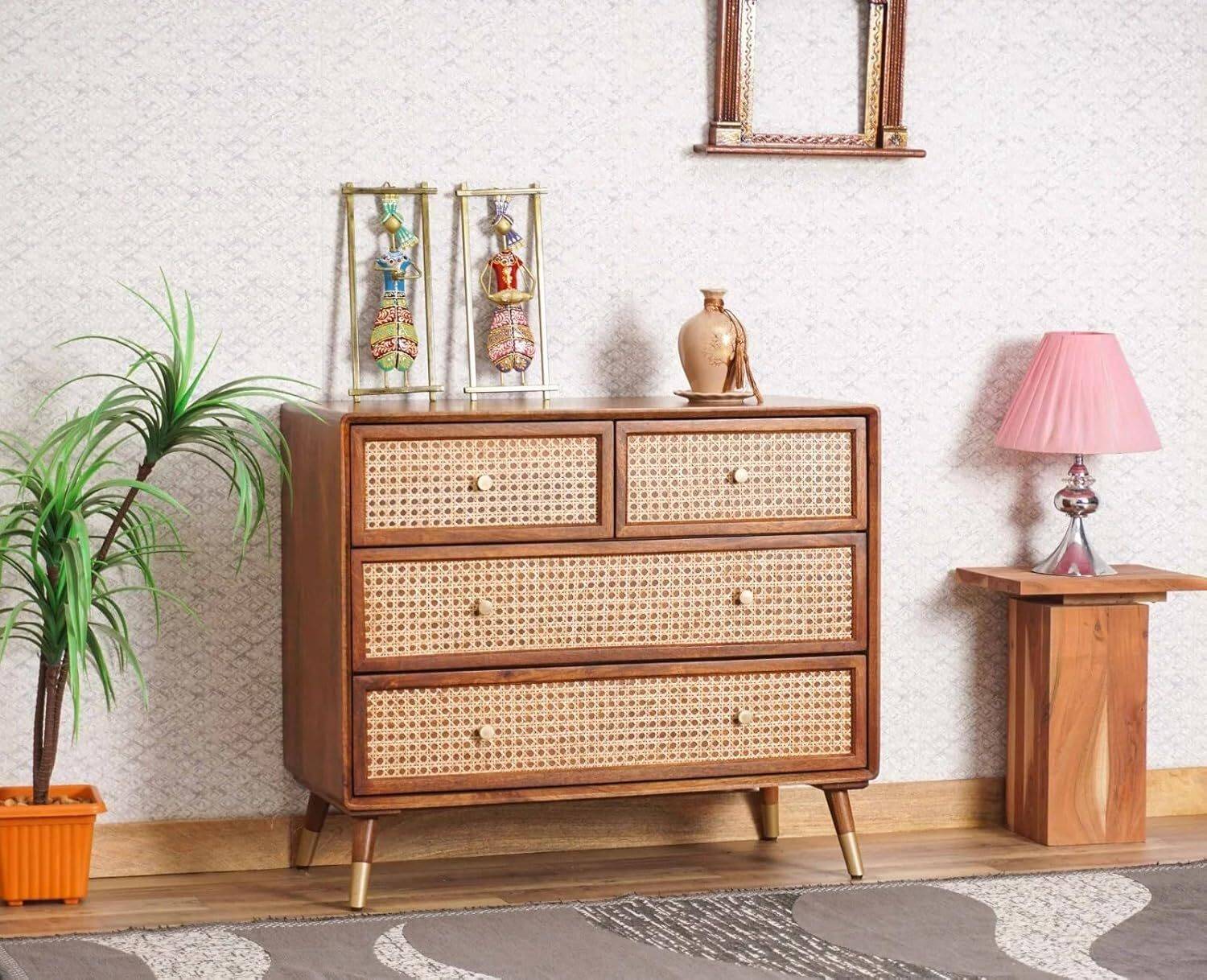 dewss Solid Sheesham Wood Rattan Chest of Drawer for Home Solid W